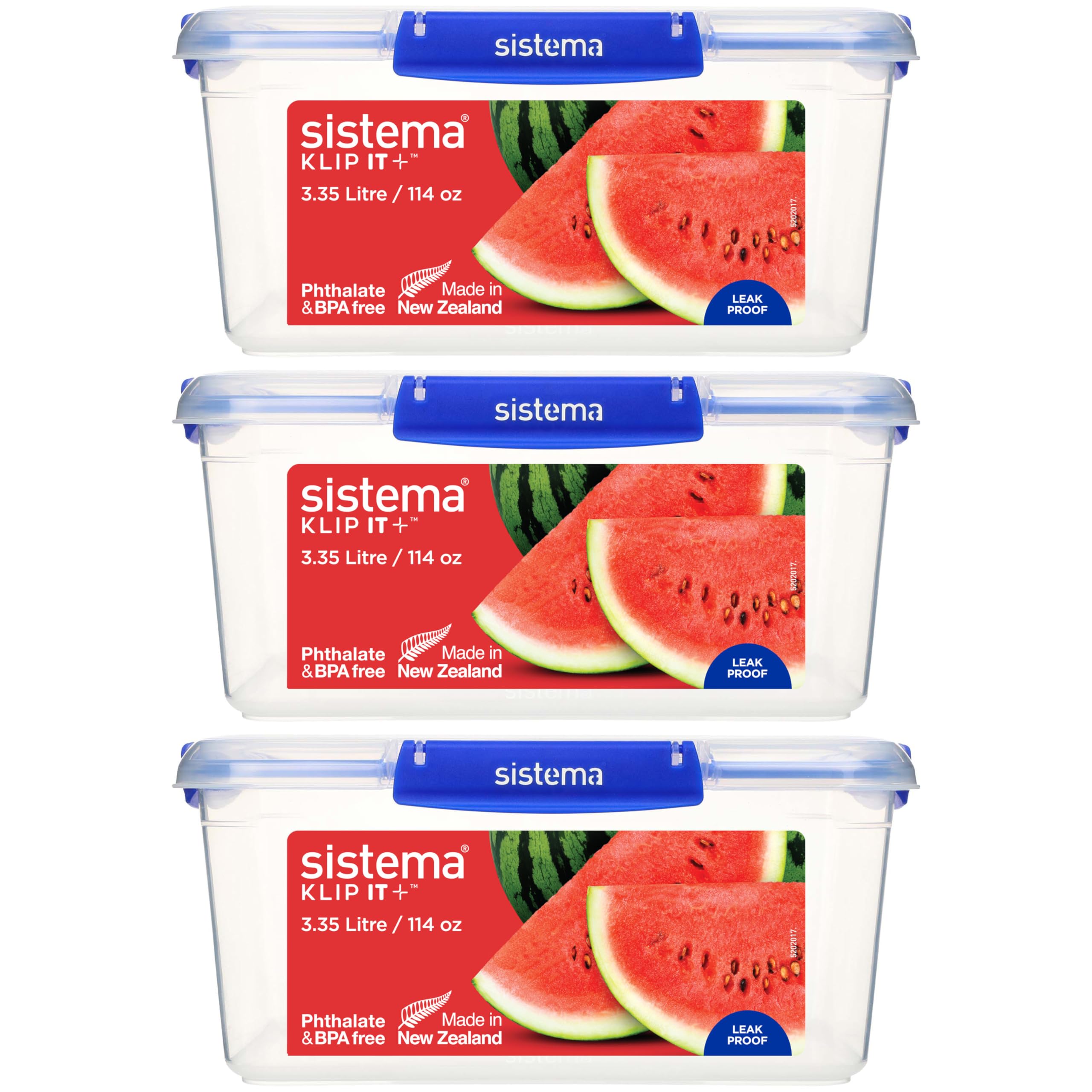 Sistema KLIP IT PLUS Food Storage Containers | 3.35 L | Leak-Proof, Stackable & Airtight Fridge/Freezer Containers with Lids | BPA-Free Plastic | Blue Clips | 3 Count