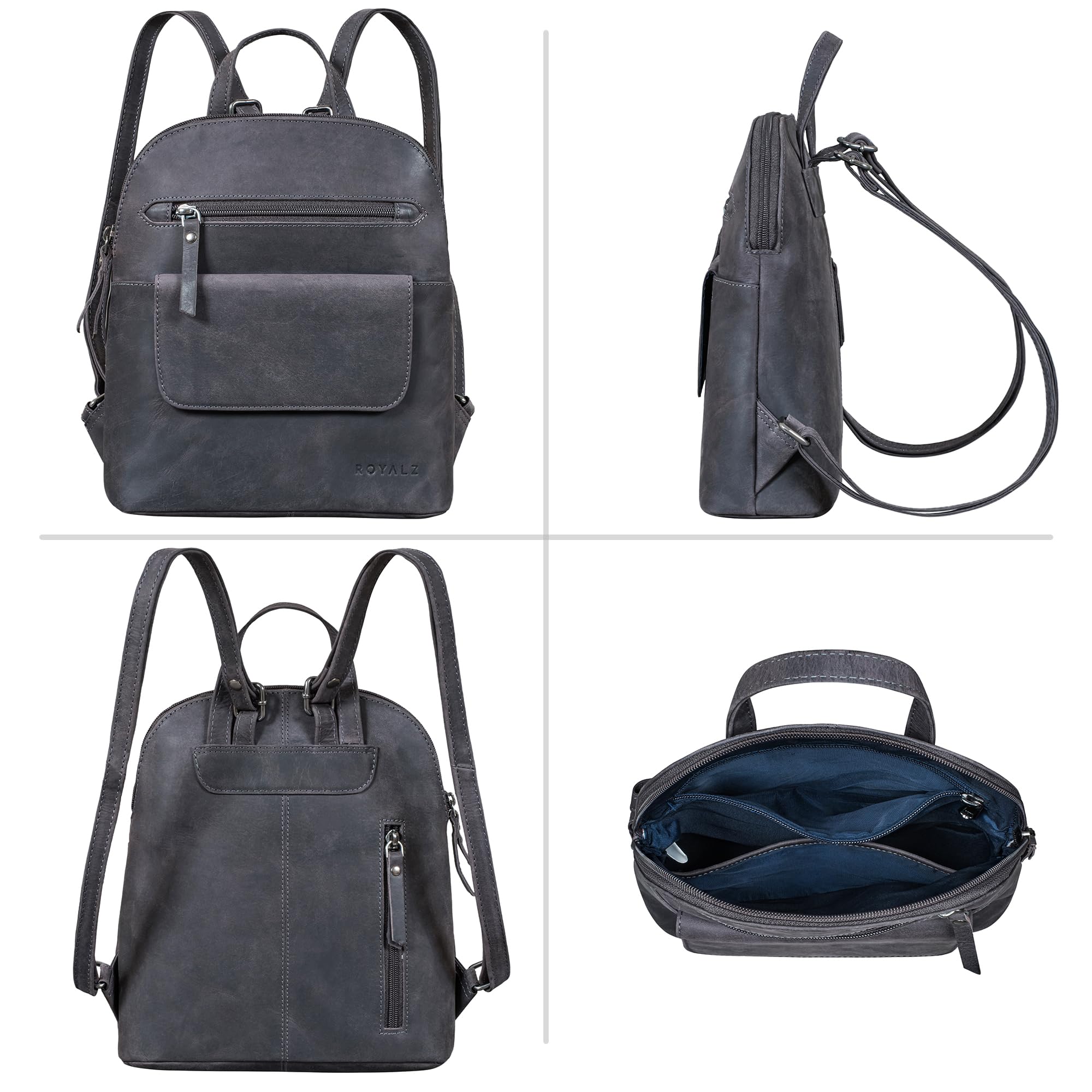 ROYALZ "Providence Echtleder Rucksack Damen klein elegant - Rucksackhandtaschen Leder für Frauen - Moderner Mini Lederrucksack im Vintage Look Cityrucksack;Farbe:Navy Grau