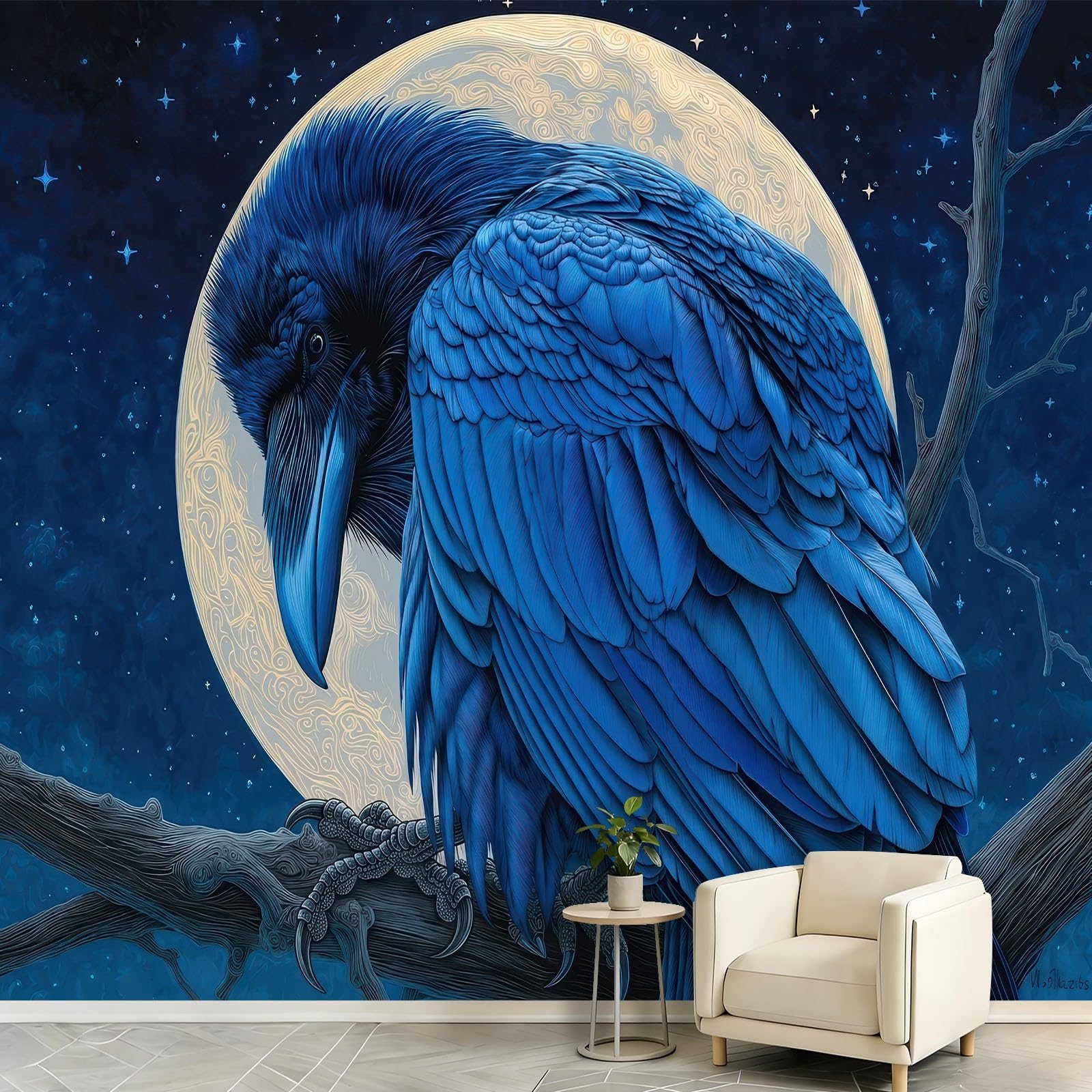 Panoramiczna tapeta z włókniny 350 x 256 cm fantazyjny gotycki gwiaździste niebo gobelin plakat dekoracja ścienna do pokoju dziecięcego, salonu sypialni - zwierzęta kruk pełnia księżyc martwe gałęzie