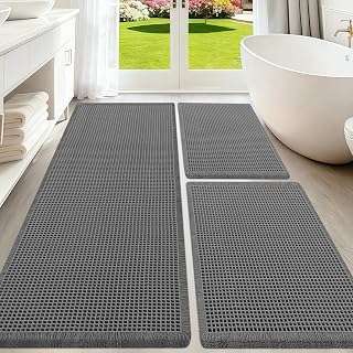 Upgraded Waffle Bath Mat Set 3 Piece Grey, Super Absorbent Non-Slip Quick Dry Bathroom Rugs with Tassels, Machine Washable Ultra Soft Boho Bath Rugs for Floor, Toilet Mats Boho Farmhouse Decor