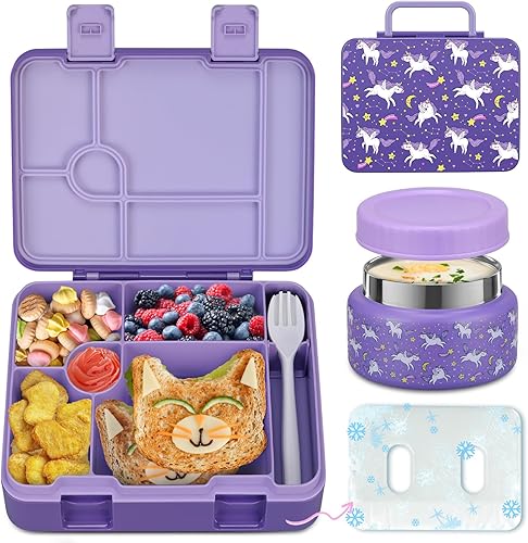 Miniatura 15 de Fiambrera Bento para niños con paquete de hielo, caja Bento a prueba de fugas de 5 compartimentos con utensilios, capacidad de 5.5 tazas para