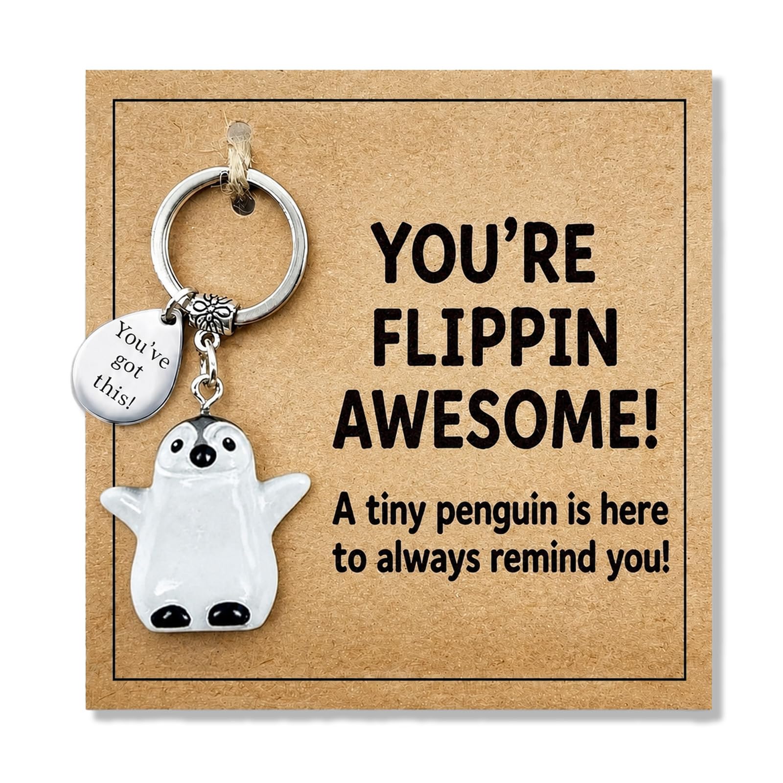 AIKOBAA Penguin Keyring – Cute Penguin Charm with ‘You’ve Got This!’ Tag, Encouragement Card ‘You’re Flippin Awesome’, Keychain for Women Men