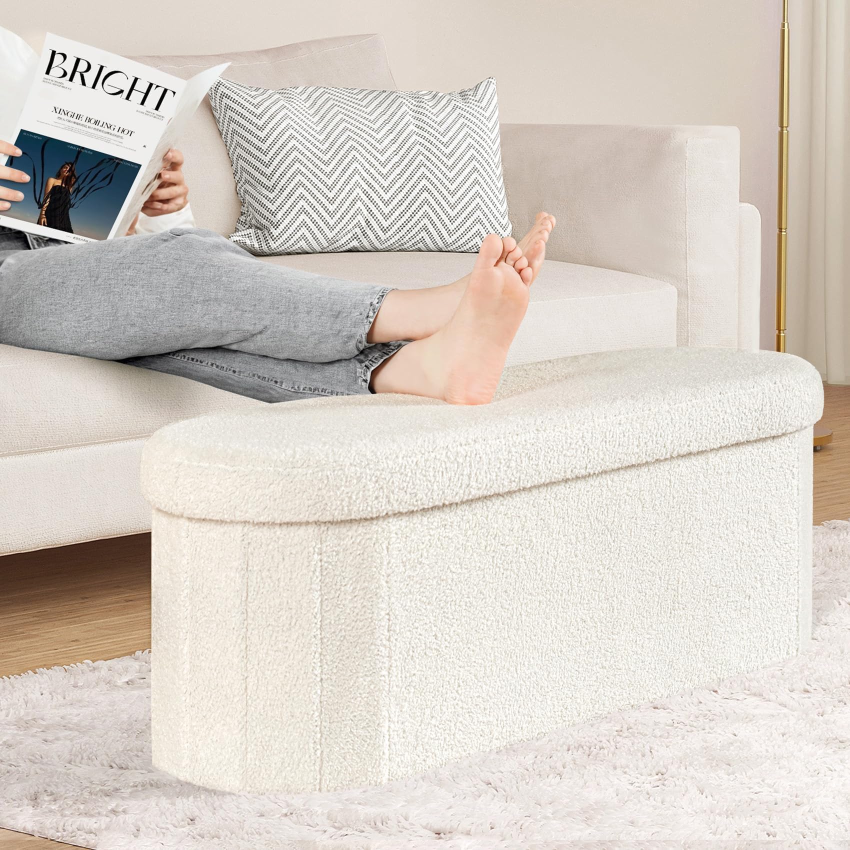 PINPLUS Sitzbank mit Stauraum, Ovales Design, 110x38x38cm, Cremeweiß