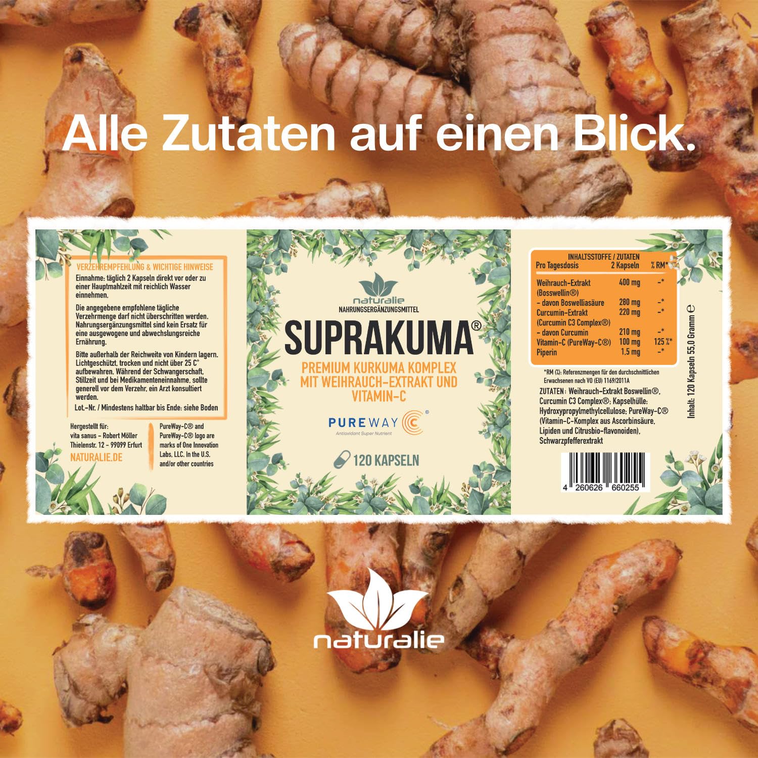 naturalie® - Suprakuma® - Kurkuma Weihrauch Kapseln | premium Markenrohstoffe im Komplex | unabhängig Laborgeprüft | erhöhte Bioverfügbarkeit | 120 Kapseln im Braunglas