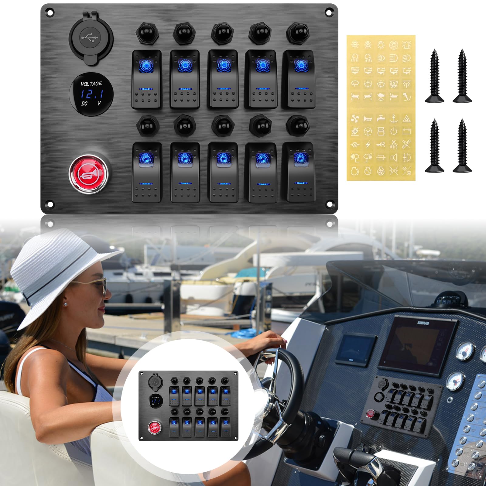 Geloo 10 Gang Panel de interruptores, IP65 Impermeables 12 V/24 V Interruptor de Palanca con Disyuntores y Botón de Bocina para Automóviles, Barcos, Autocaravanas y Camiones