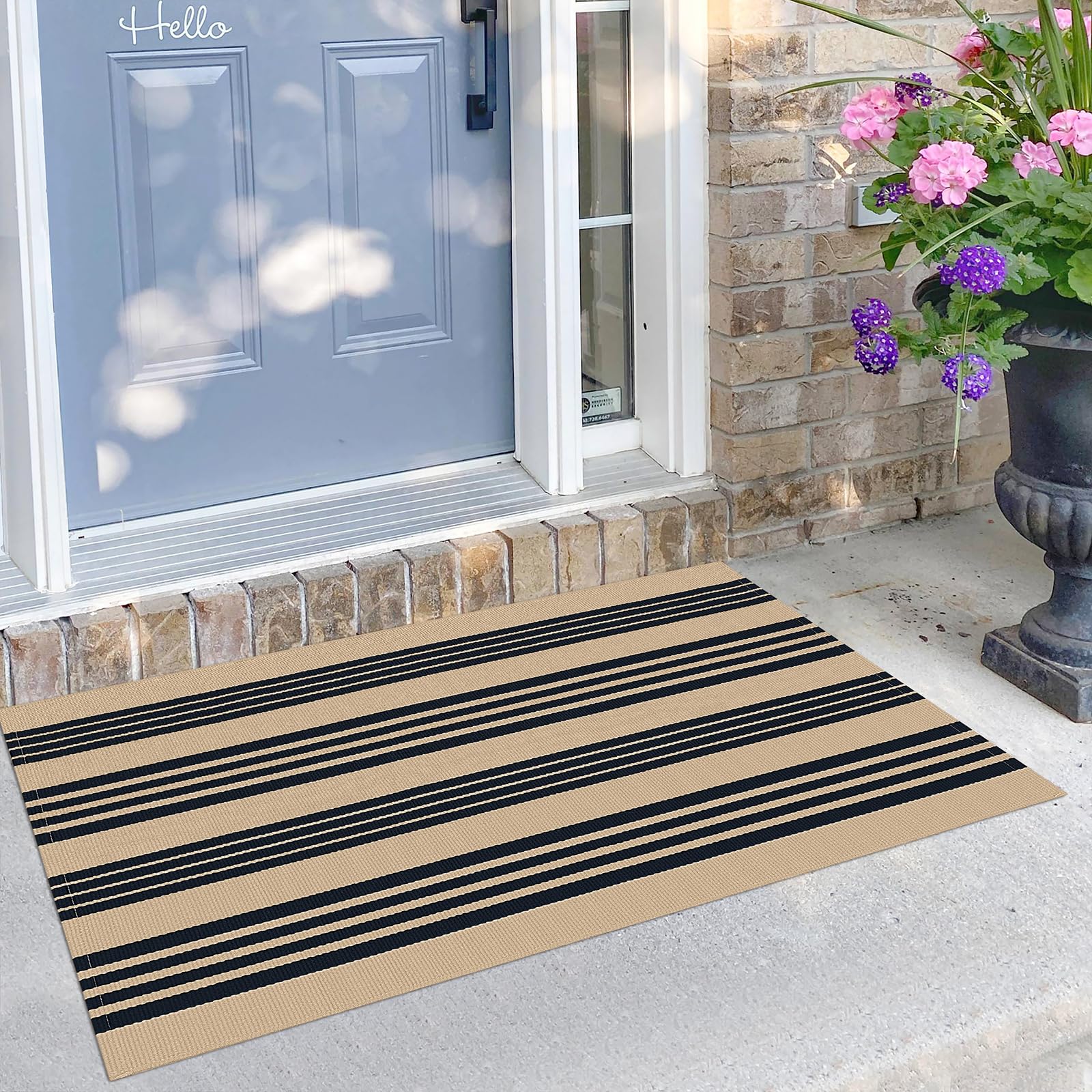 KILOCOCO Striped Rug 2.3'x3.6' Indoor Outdoor Rugs Front Door Mat Hand Woven Cotton Washable Striped Layered Doormats for Front Door/Kitchen/Farmhouse/Entryway/Patio, Brown