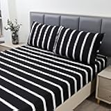 MAG 3pcs Striped Queen Bed Sheet,Black and White Pattern Microfiber Bedding Sheet Set,Hotel Quality Sheets with1 Fitted Sheet and 2 Pillowcases,14 Inches Deep (Black and White, Queen)