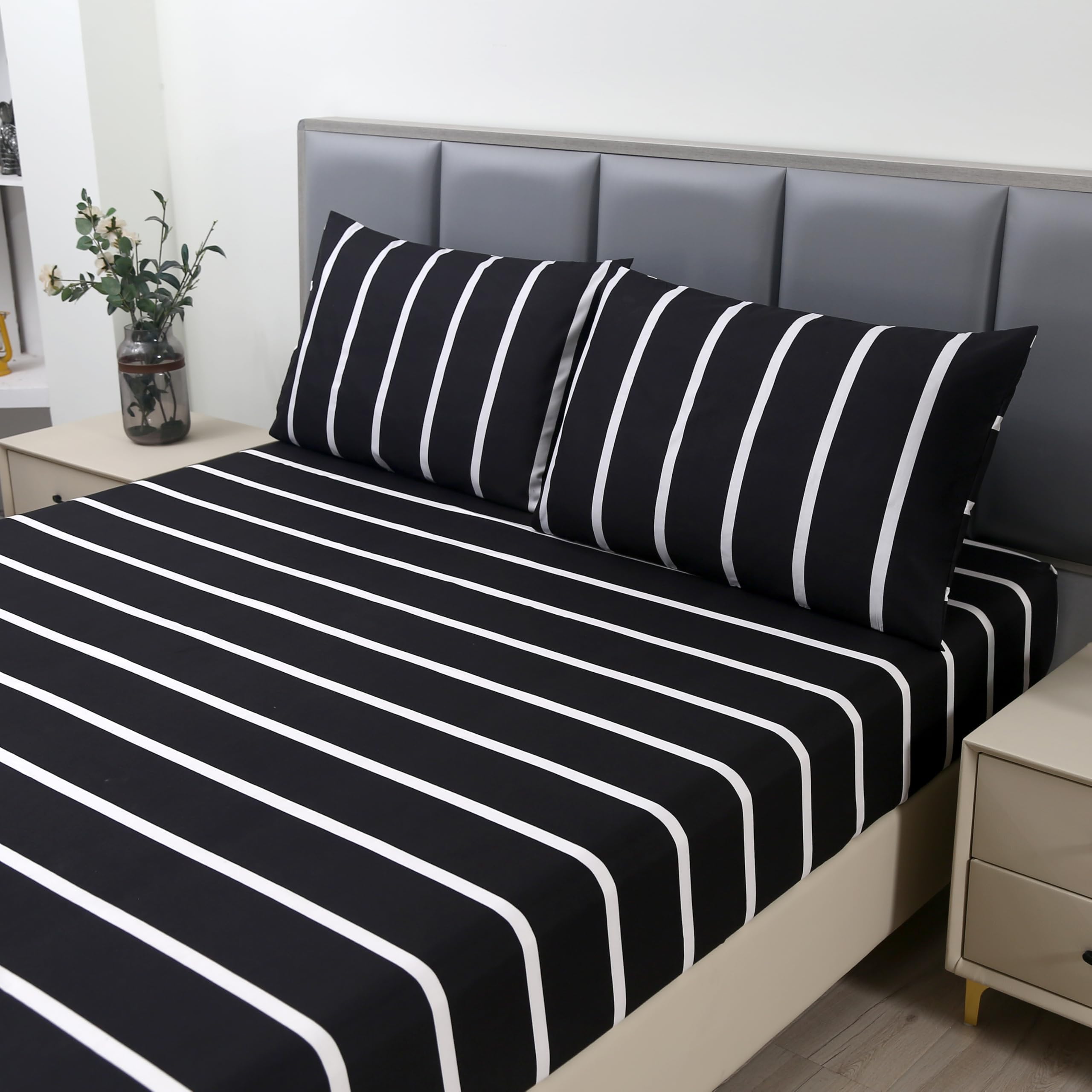MAG 3pcs Striped Queen Bed Sheet Black and White Pattern Microfiber Bedding Sheet Set Hotel Quality Sheets with1