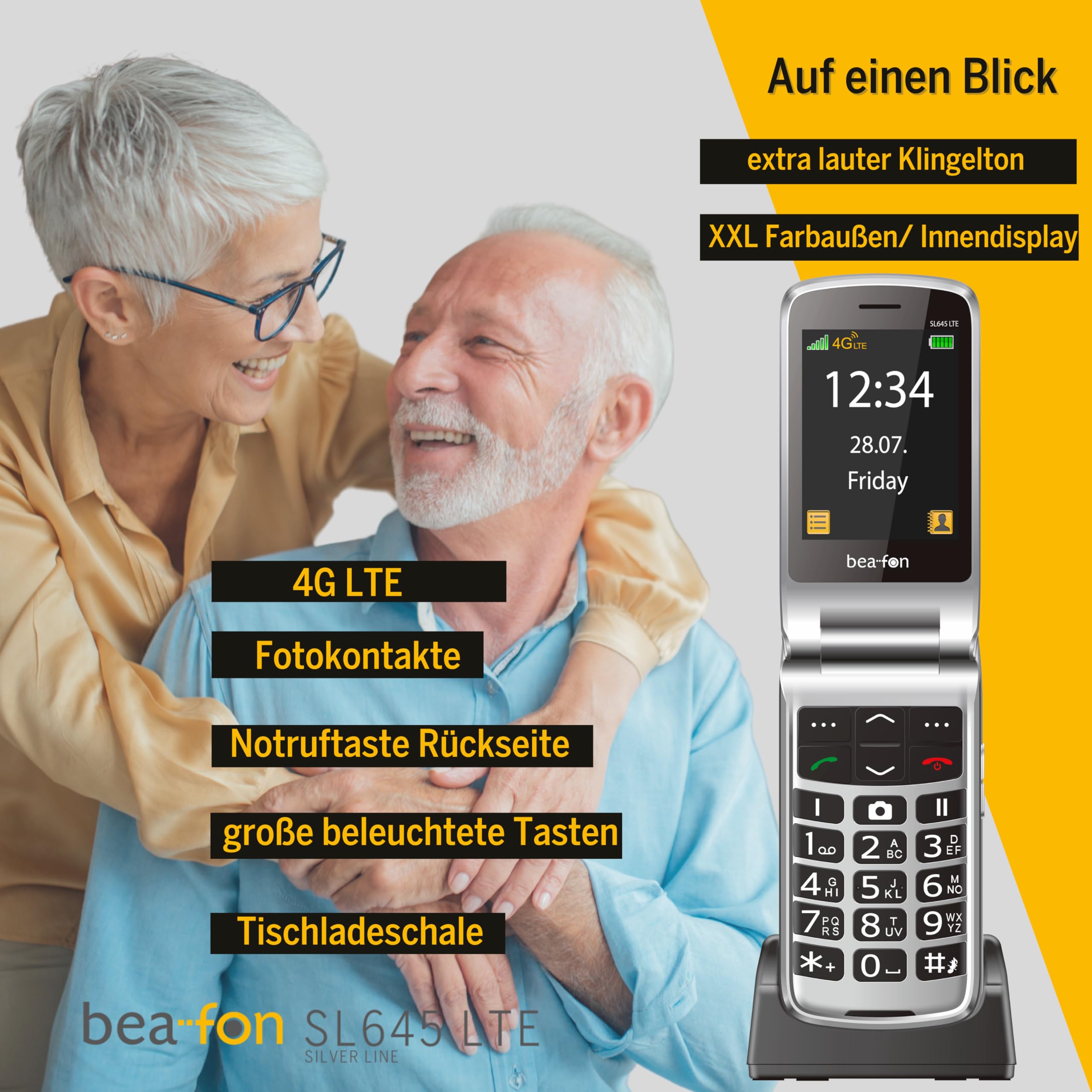 Beafon, SL645, LTE 4G, Silverline, telefon komórkowy dla seniorów z przyciskiem alarmowym SOS, telefon składany, wyświetlacz XXL 2,8" (7,11 cm), kolorowy wyświetlacz zewnętrzny XXL 4,49 cm (4,49 cm