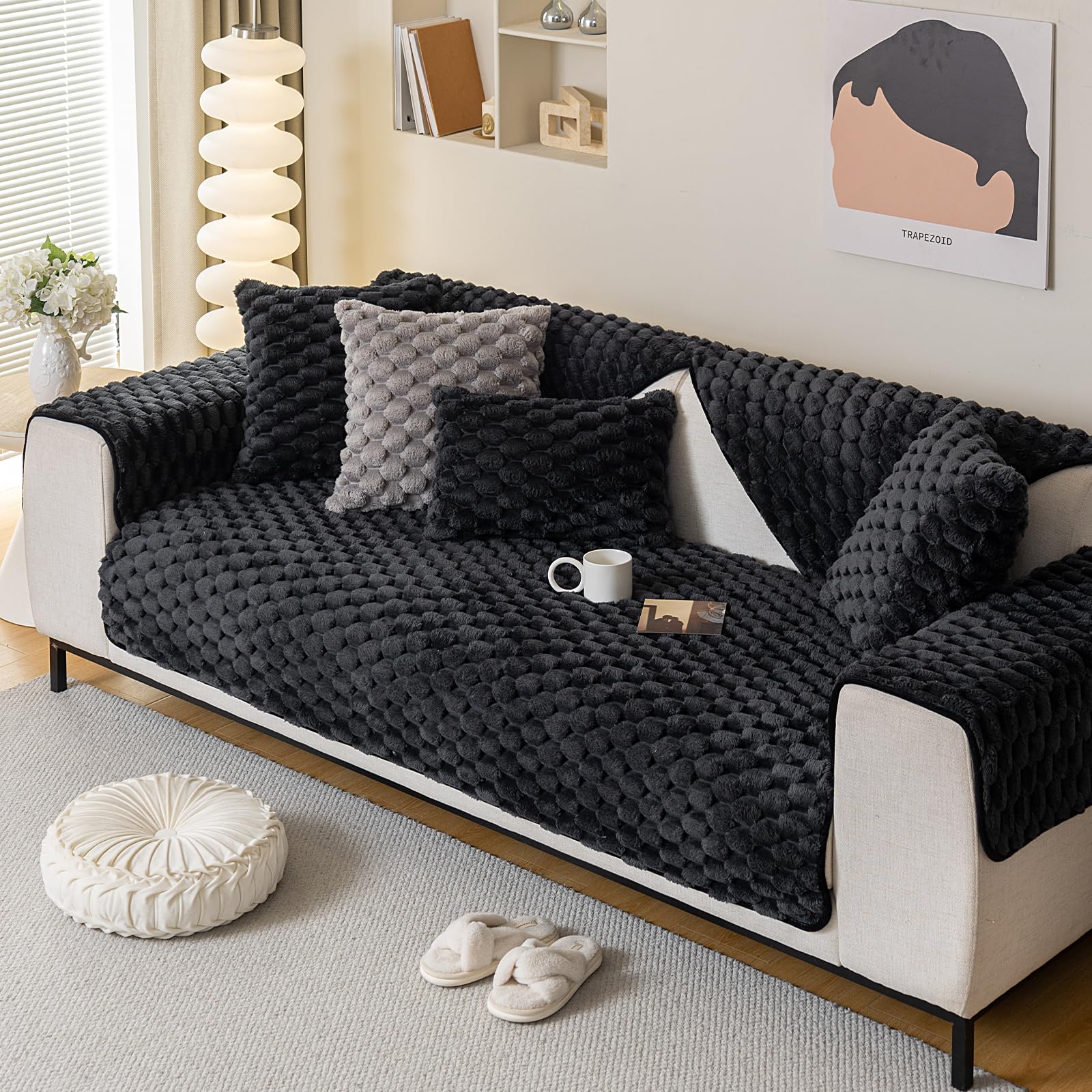 tianxinbaobei Funny Fuzzy Couch Covers for Sofa Plush Warm Sectional Sofa Covers Washable for 3-4 Cushion Couch,Non-slip Slipcover Sofa Covers for Pet Dog Furniture Protector(1PC,Black,35"x83") - Image 4