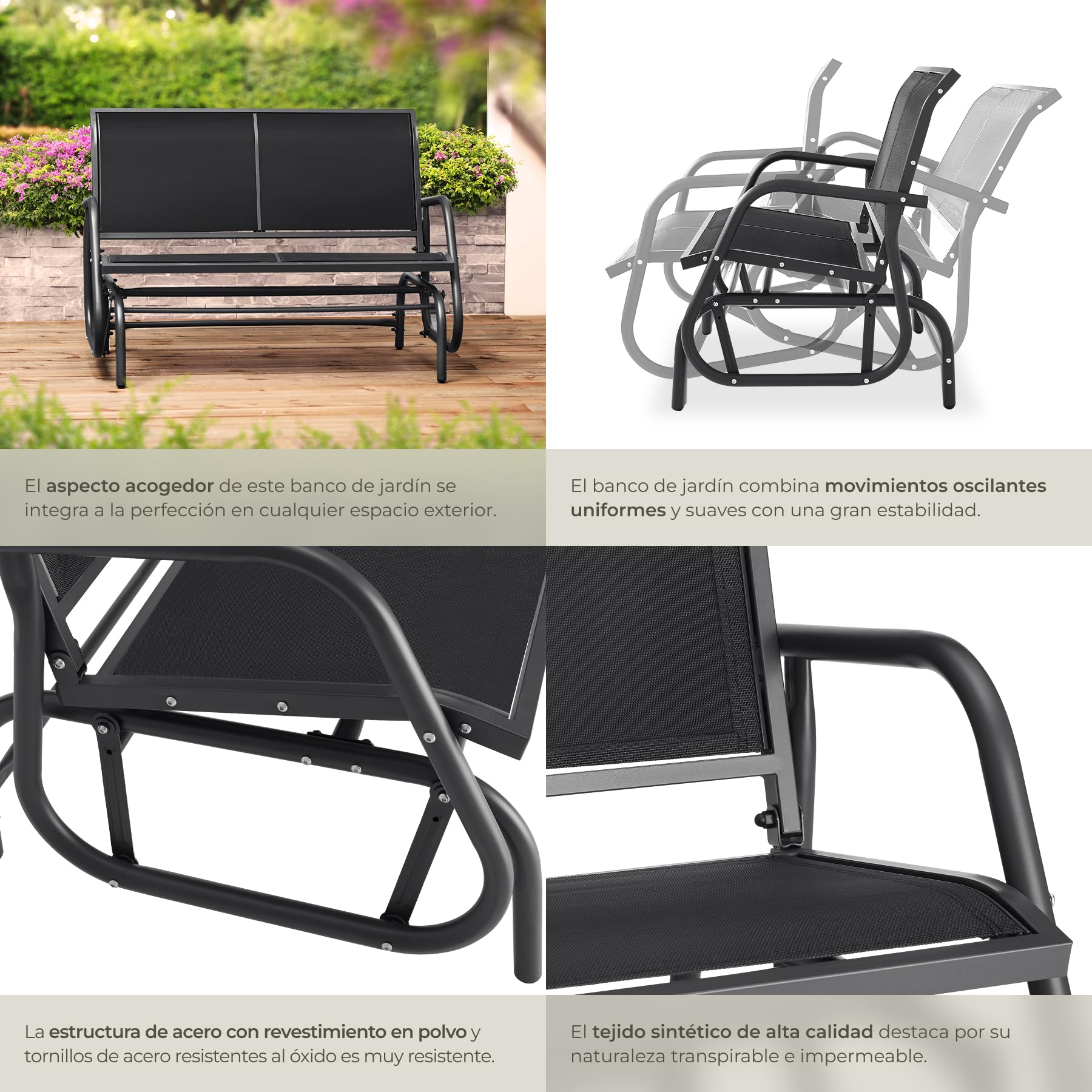 tectake® Balancín Jardín Banco, Estructura Acero Revestida, Sofa Exterior Duradero, Tumbona Jardín, Banco Terraza, Sillón Balancín, Montaje Sencillo, Muebles Jardin - Negro