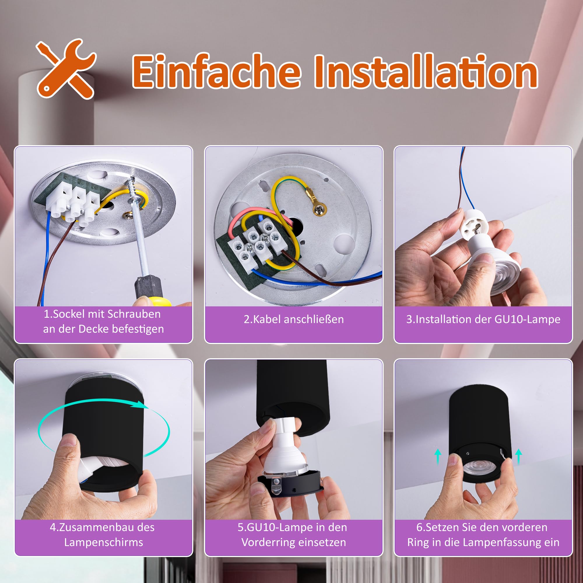 4 Stück LED Aufbauspot RGBW & Dimmbar, Deckenspot mit GU10 Fassung | Deckenstrahler 30°Schwenkbar 230V 6W RGB Kaltweiß 6500K, Aufbaustrahler mit Fernbedienung Aluminium Aufputz Spots