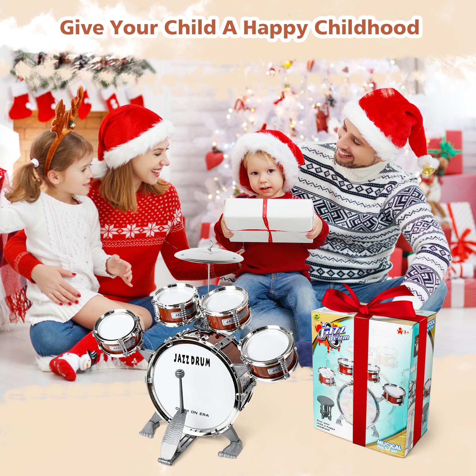 Batteria per Bambini, Set Batteria Jazz Strumento Musicale 5 Tamburi con Sgabello, Toddler Drum Set Musicale Percussione Giocattolo Regalo per Bambini 3 4 5 Ragazzi e Ragazze