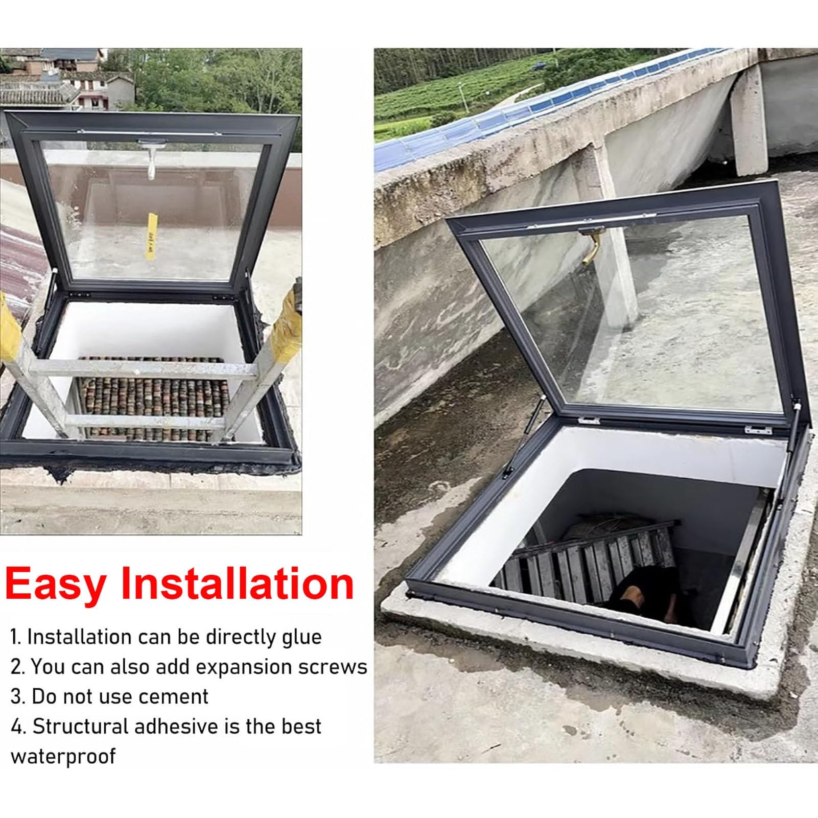 Escotilla de tragaluz de aluminio, diseño duradero de una sola pieza para áticos, sótanos y acceso de emergencia, fácil instalación con vidrio templado