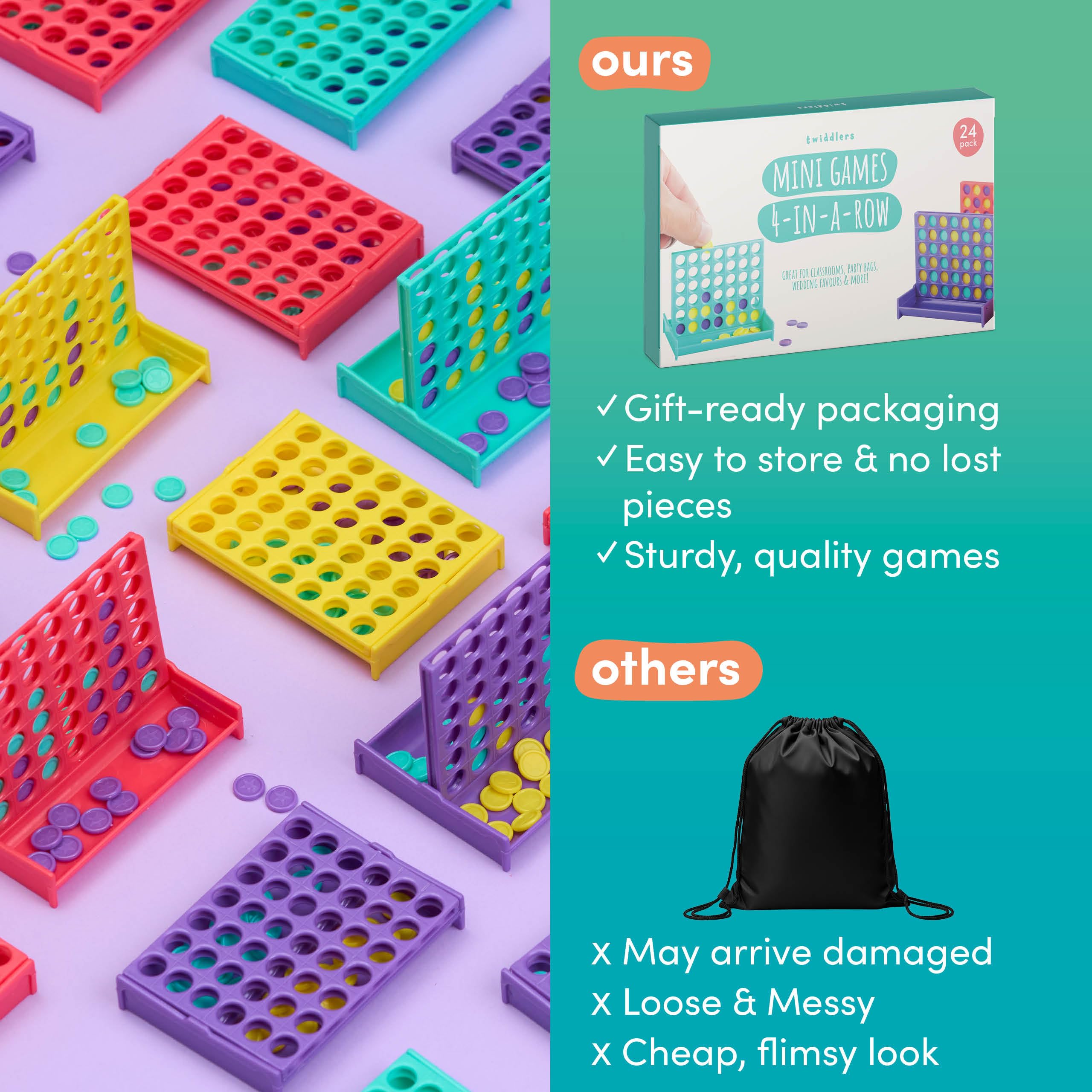 THE TWIDDLERS Pack 24 Mini Juegos de Mesa Alinear 4 Fichas 8cm - Detalles Cumpleaños Invitados Niños Colegio, Regalos Comunión, Bolsas Sorpresa, Piñatas, Juegos de Viaje 3 a 12 Años