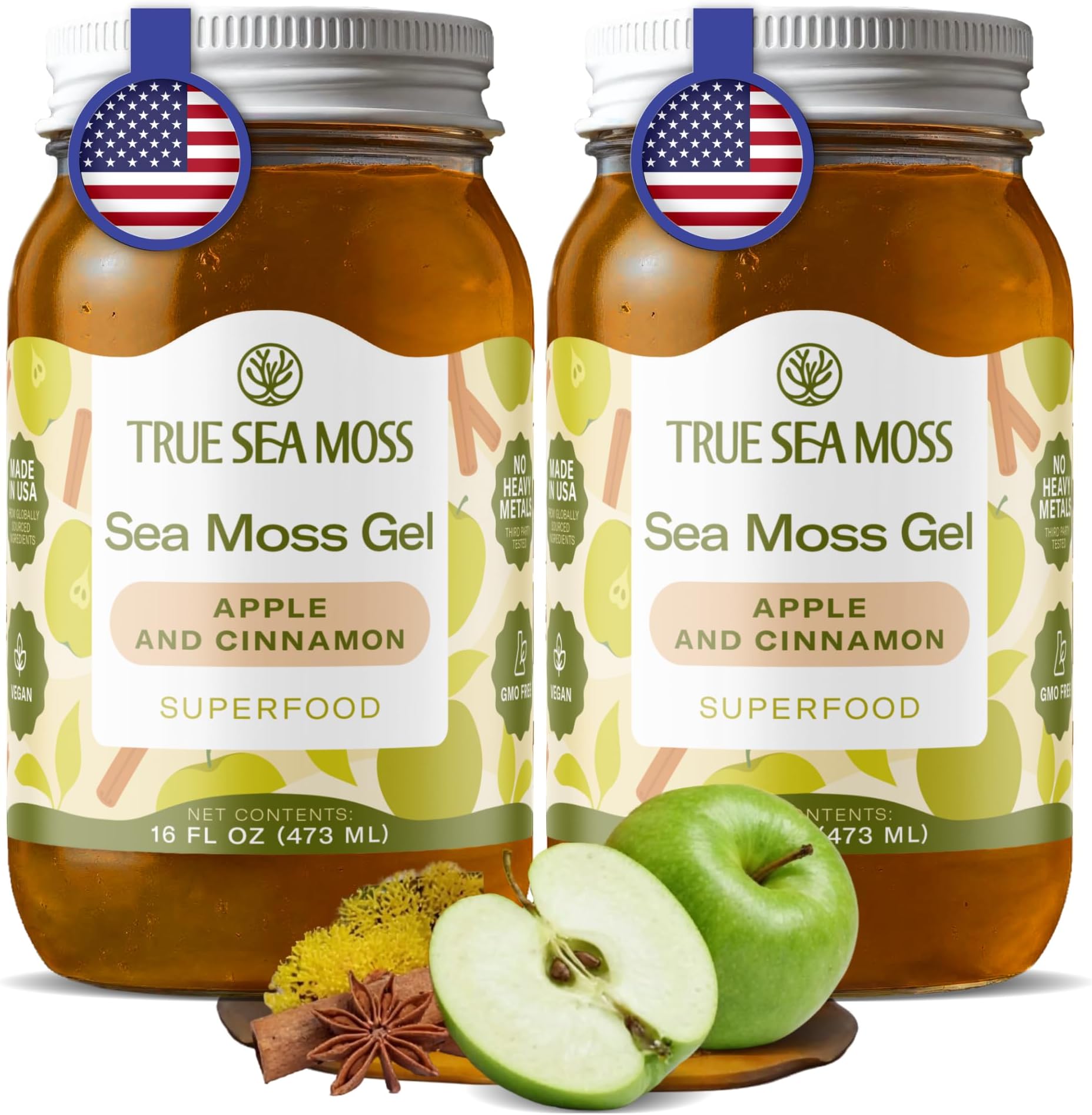Sea Moss Gel – Made in USA – Wildcrafted Seamoss, Fruits & Jarred Vegetables – Apple/Cinnamon, Pack of 2 (Labels may Vary)