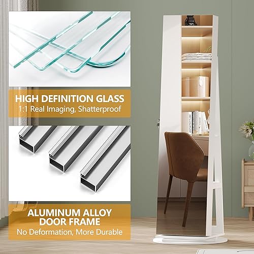 Miniatura 5 de LVSOMT - Armario de joyería giratorio de 360 con espejo de cuerpo completo organizador de joyas de gran capacidad espejo de pie con cerradura con