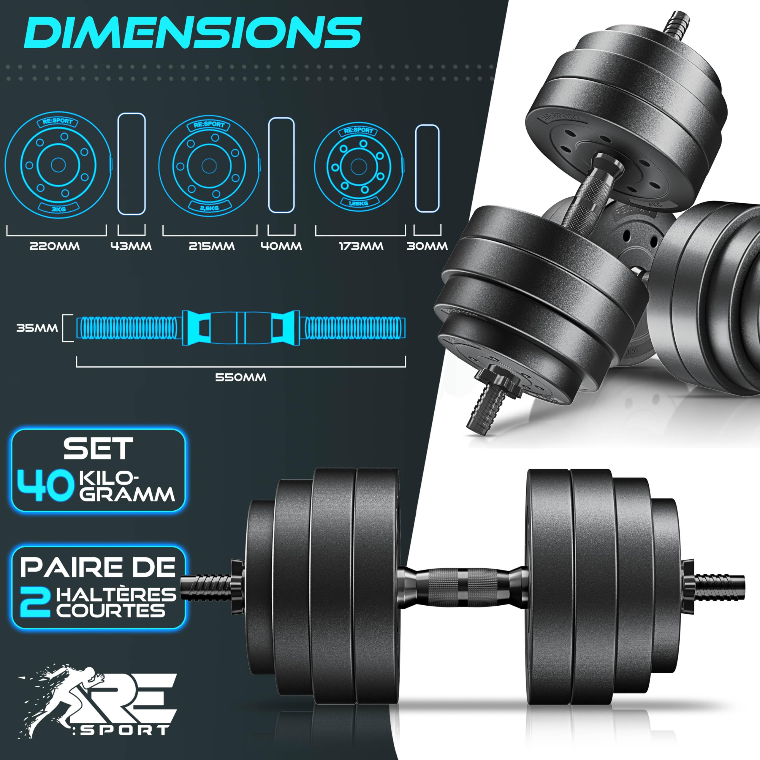 RE:SPORT Lot de 2 haltères réglables 15, 20, 30, 40 kg, avec 2 haltères, avec poids et 4 fermetures en étoile, Kit pour le développement musculaire, l'entraînement et la maison