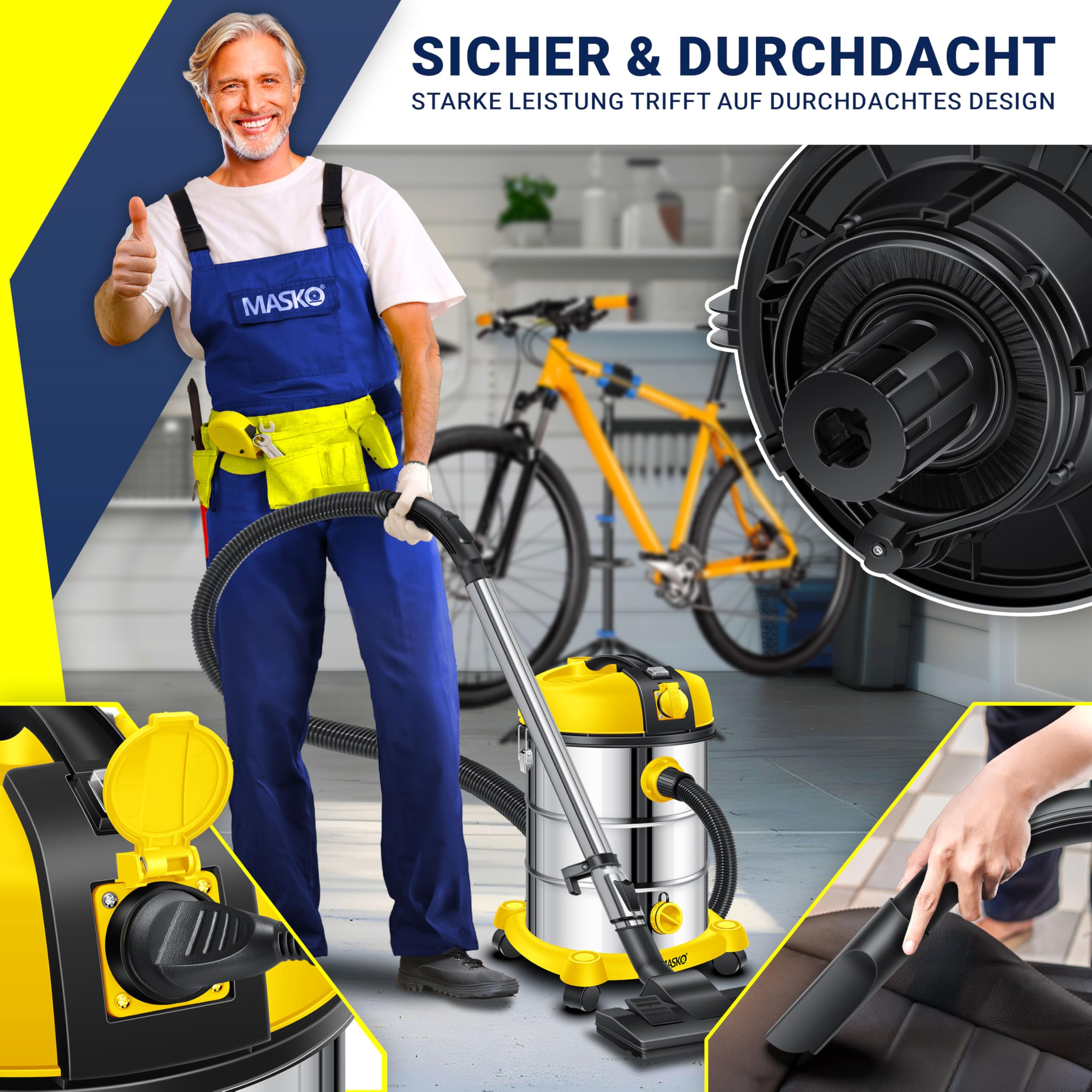 MASKO Industriestaubsauger Nass Trocken Sauger Edelstahl 2300W Steckdose Blasfunktion Push&Clean beutellos