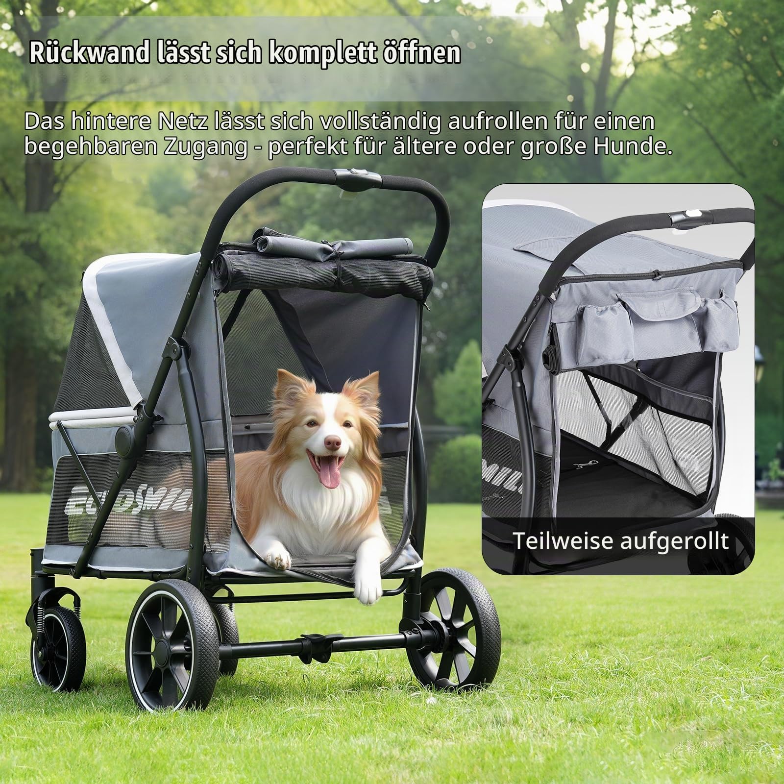 EchoSmile Hundewagen für Große Hunde bis 70kg, Faltbar Hundebuggy mit Netzfenstern, Verstellbarem Griff & 4 Geländegängige Räder, Grau + Weiß