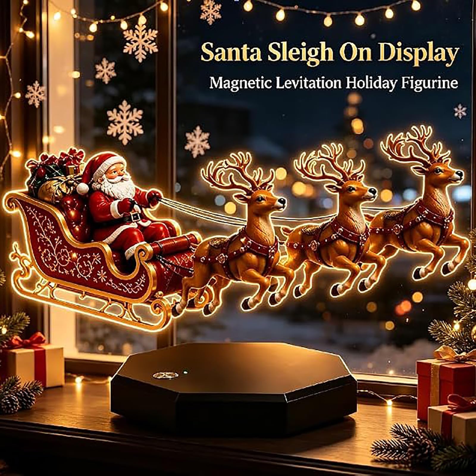 Trineo de Papá Noel Flotante, Trineo Volador con Levitación Magnética, Papá Noel y Renos Suspendidos en el Aire, Decoración de Mesa para Casa, Oficina, Estantería y Fiesta de Navidad