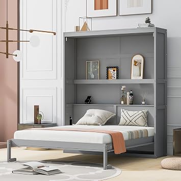 Queen Size Mobile Murphy Bed Wall Bed Chest, Foldable Platform Bed Folded into Cabinet, Wood Wall Bed Murphy Bed Frame with Shelves, Bedroom Furniture Versatile Cabinet Bed Folding Bed Gray