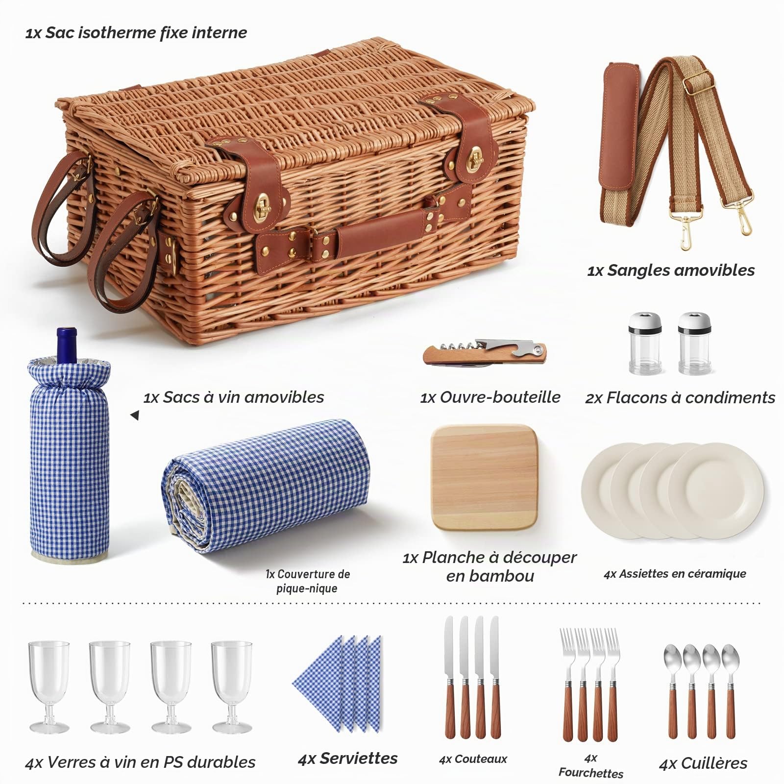 Panier de pique-nique en osier pour 4 personnes avec compartiment isotherme et couverture de pique-nique imperméable, sangle amovible, sac à vin, la randonnée, le barbecue et les couples