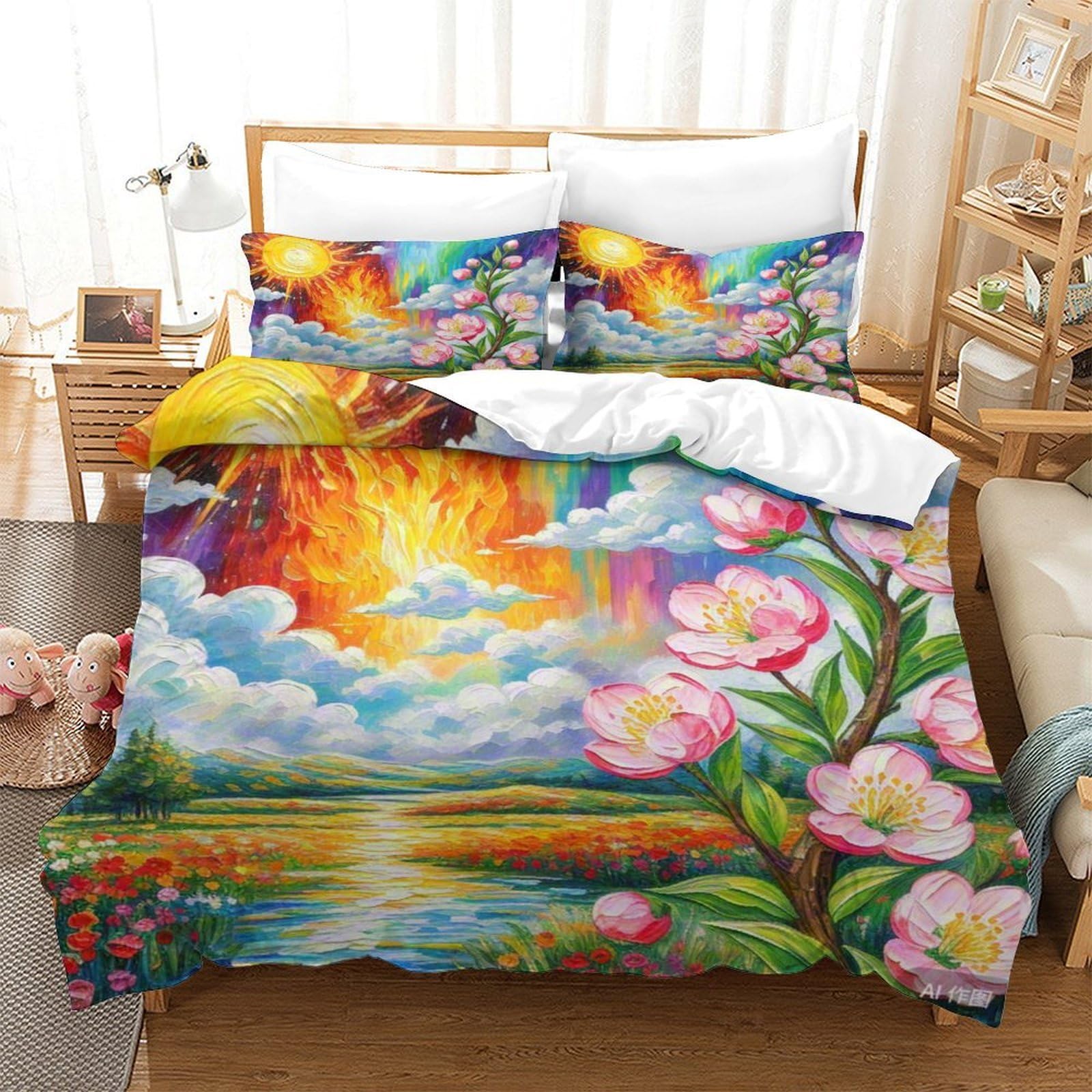 Housse de couette fleur de pêche douce en microfibre pour lit simple anti-glissement enfant