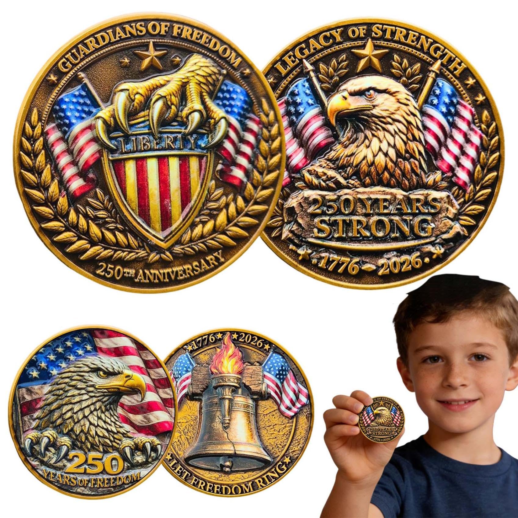 250th Anniversary USA Commemorative Coin Set including Wooden Gift Box, Patriotic Eagle & Liberty Bell Coins - Image 2