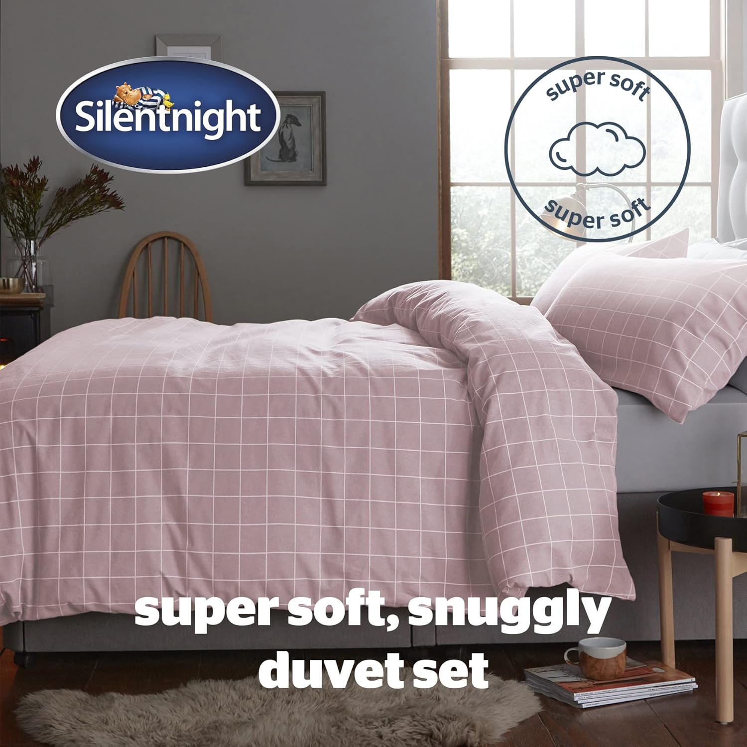 Silentnight Brushed Check Duvet Set, Blush, King BigaMart