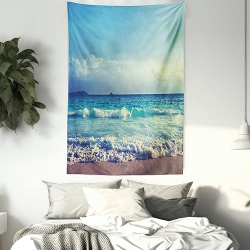 Miniatura 7 de Ambesonne Tapiz de isla tropical, olas del océano en la playa de Seychelles al atardecer horizonte, decoración de tela para colgar en la pared para