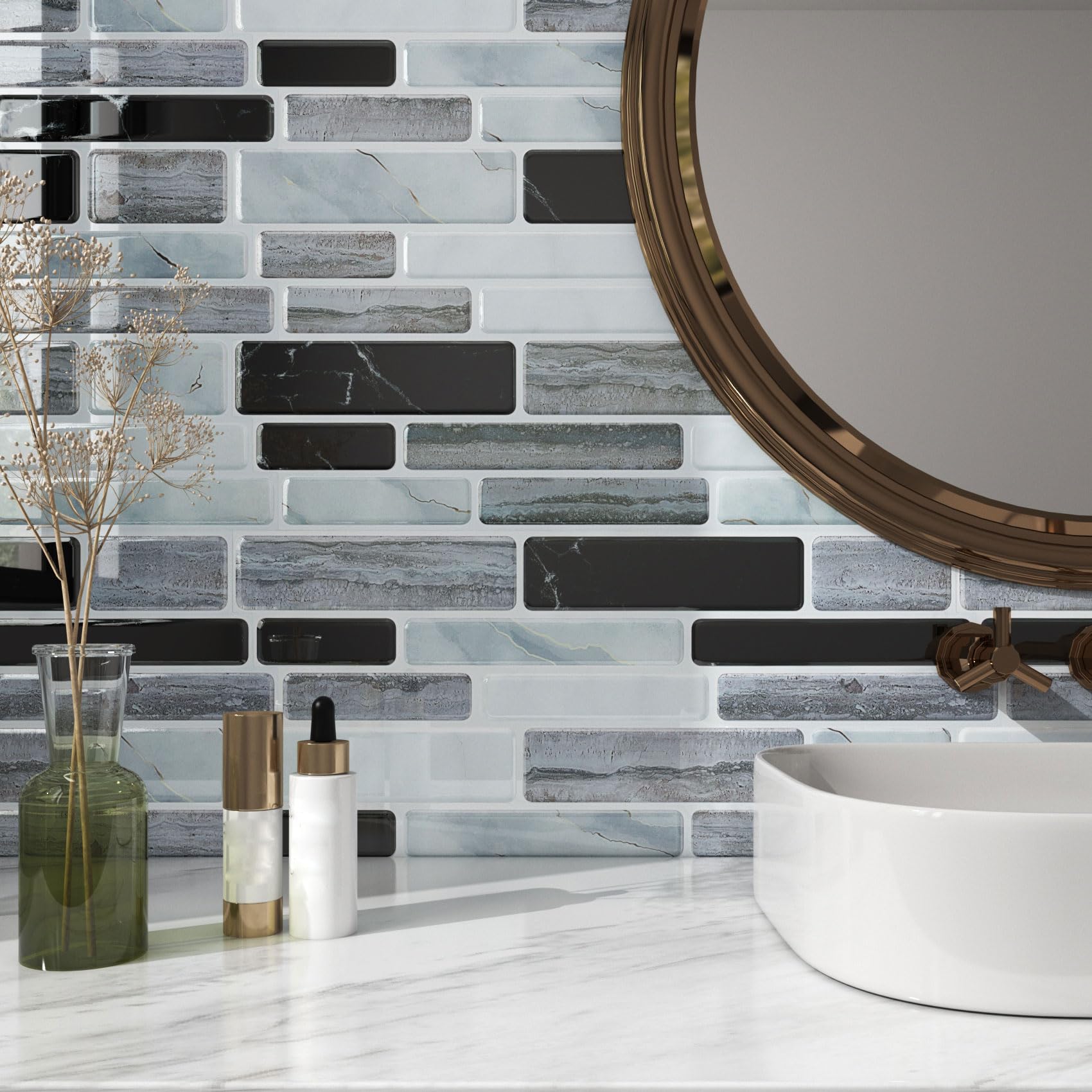 LaCheery 18 Pezzo Piastrelle Adesive Bagno Marmo Grigio Nero Mattonelle Adesive Muro 30.5cm x 30.5cm Piastrelle Adesivo Marmo Vinile Impermeabile Paraschizzi Cucina Adesivo 3D per Bagno Autoadesiva