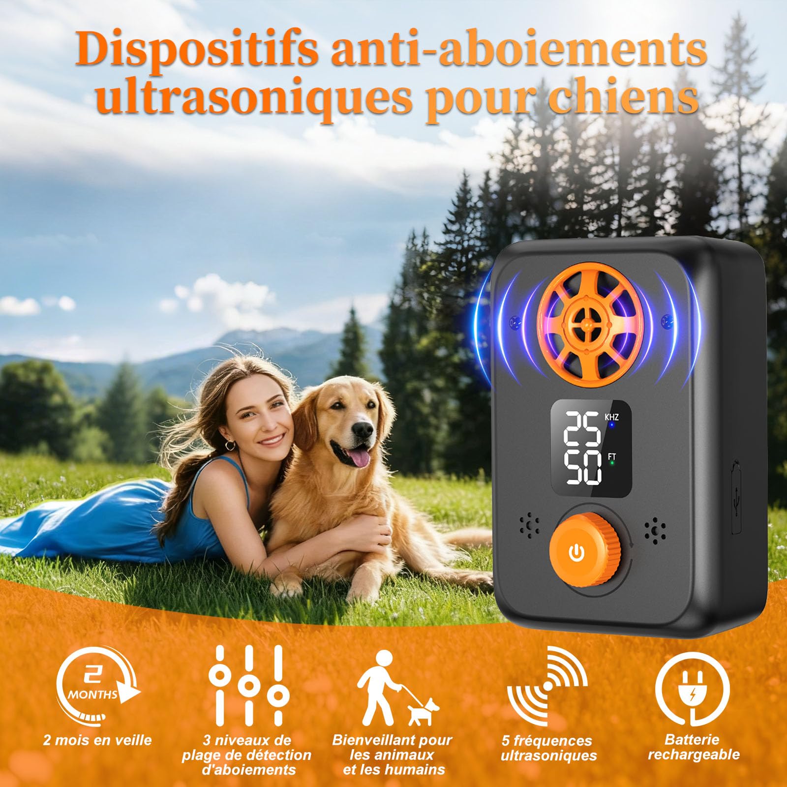 Anti Aboiement Chien Ultrason Puissant - Appareil Anti-Aboiement Ultrasonique Chien avec 5 Fréquences Ajustables, 3 Portées, Arrêt Automatique du Aboiement Intérieur/Extérieur