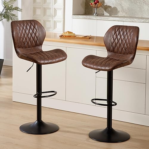 Bar Stools Set of 2, Modern Swivel Counter Height Barstools for Kitchen Island Chairs, Adjustable Faux Leather Bar Stools with Back for Kitchen Counter Bar, Brown