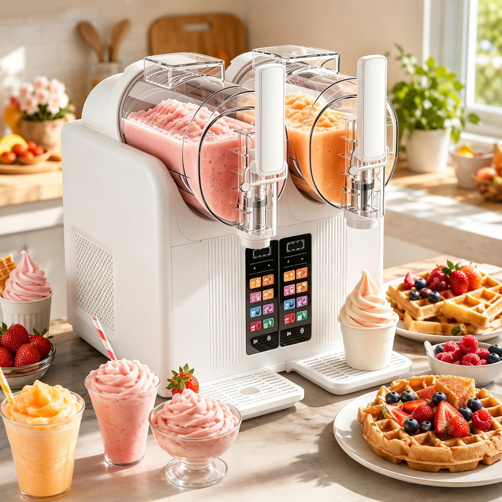 AUTUMFLATGAO Slush Machine & Soft Serve Machine, Dual 2L Tanks, Digital Touch Panel White