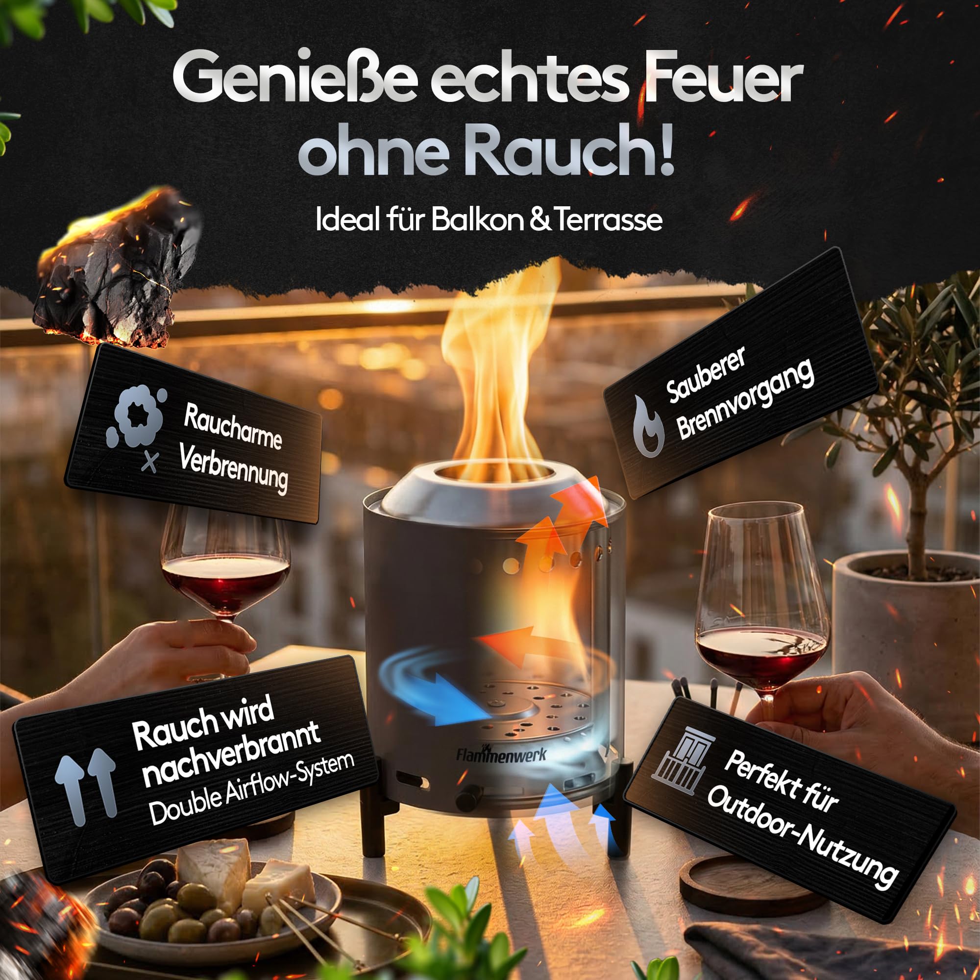 Raucharmes Tischfeuer, Tischkamin Outdoor für Pellets & Holz – Outdoor-Tischfeuer 360° Luftregulierung, Doppelwandiges Edelstahl & Tragetasche – Perfekt für Balkon, Terrasse & Camping