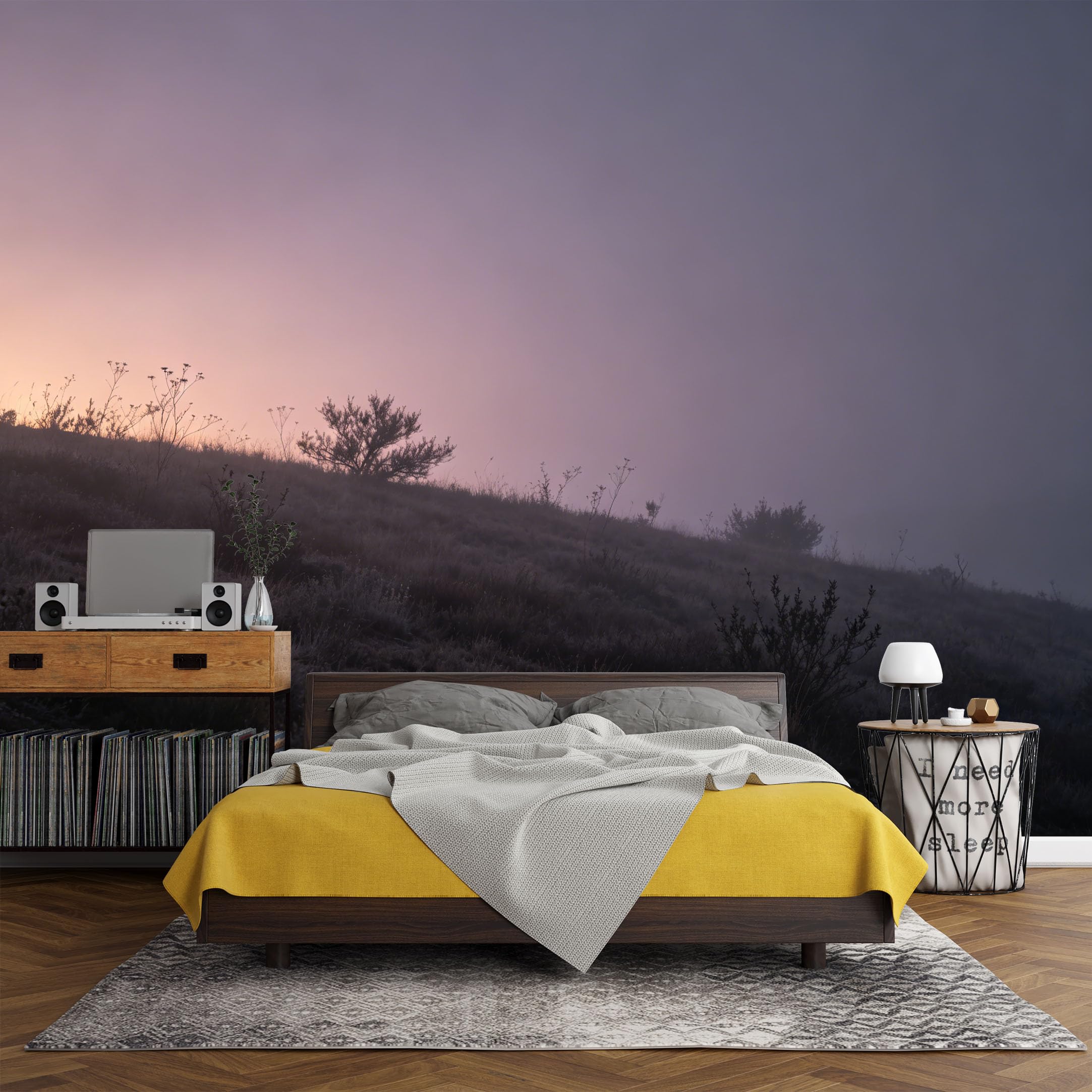 Custom Size Wall Mural， Mountain Sunrise Mist Landscape Purple Dawn Nature Scenery，SelfAdhesive Art Prints wall Fabric(No PVC) Removable Wallpaper Living Room Decor