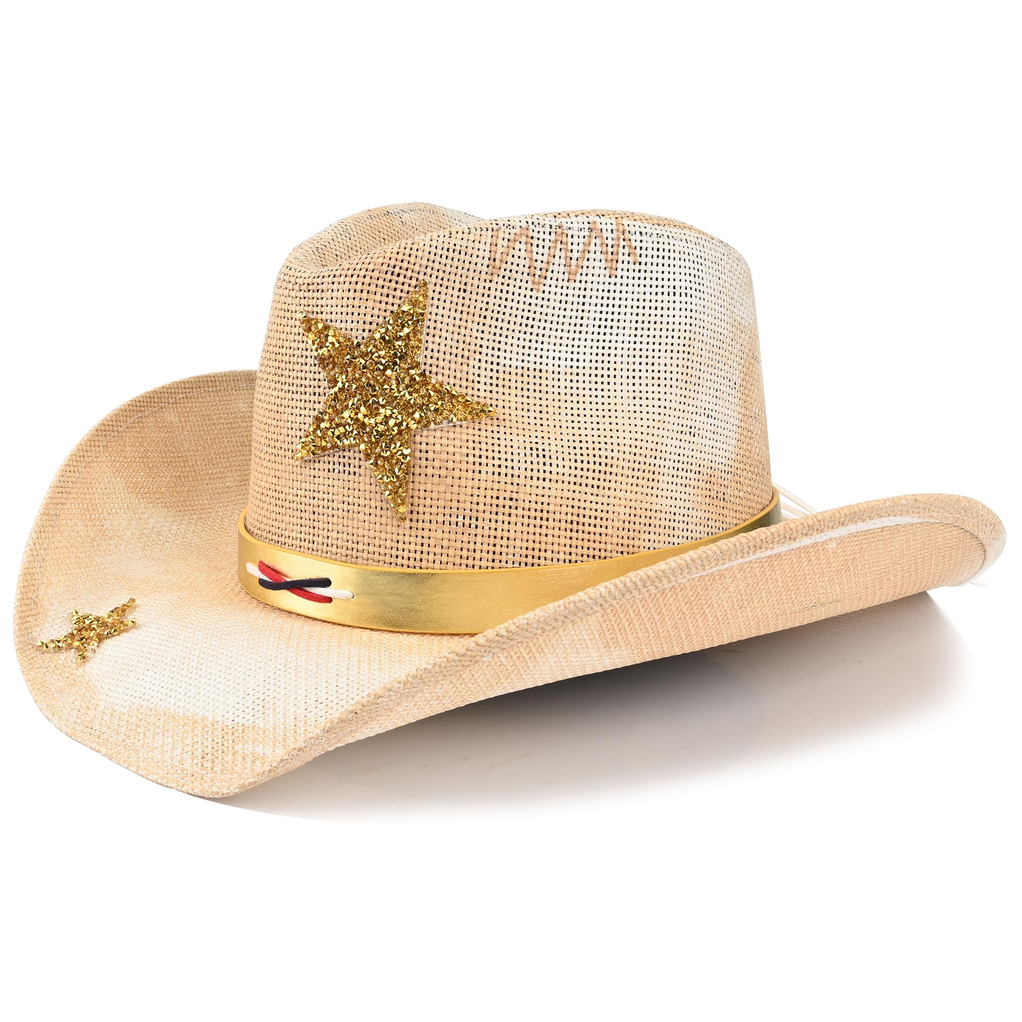 Foeran Cowboy Hat with Men's Women's Western Cowgirl Straw Hats,American Style Gold Glitter Star Braided Headband