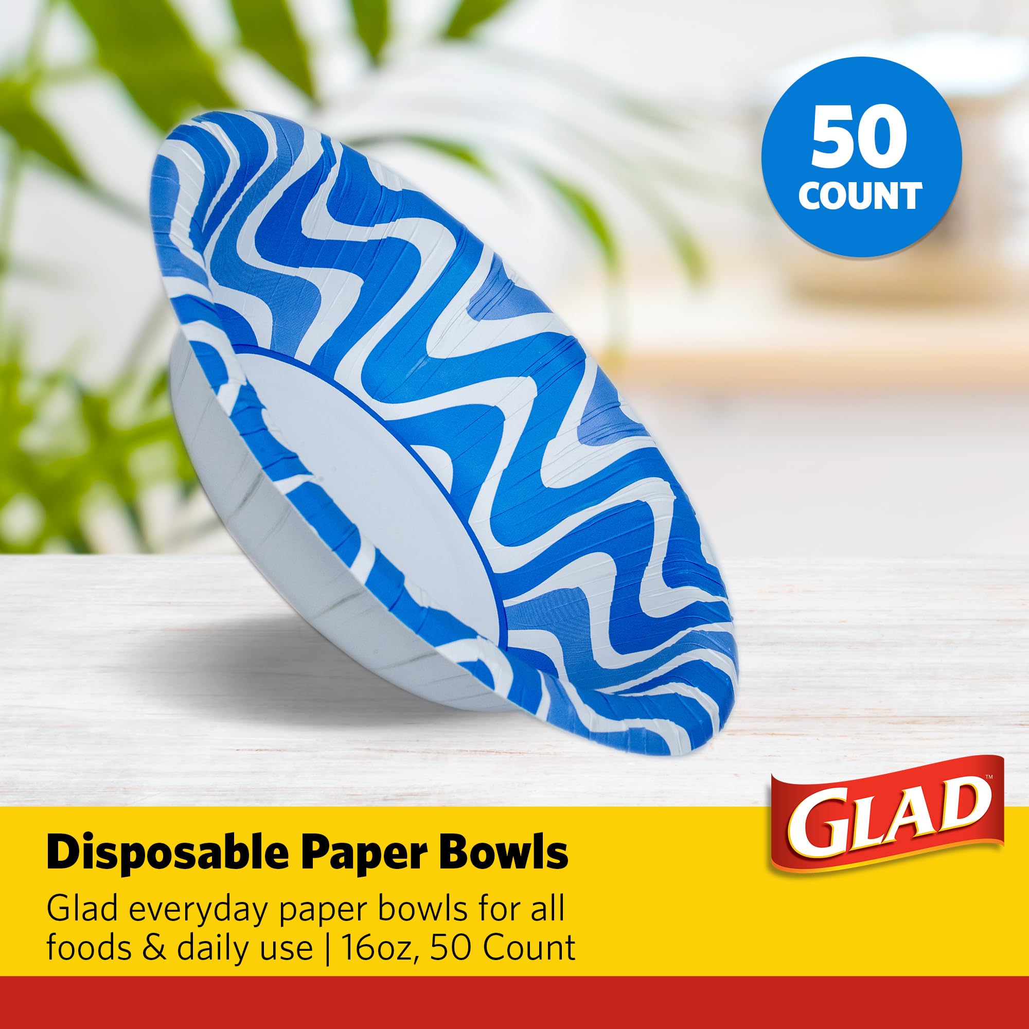 Glad Cuencos de papel desechables para uso diario con diseño de onda azul, resistentes a los cortes, cuenco apto para microondas para todos los alimentos y uso diario, 16 onzas, 50 unidades, paquete