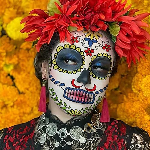 Miniatura 5 de Kit de maquillaje de tatuajes de cara del día de los muertos, paquete de 10 tatuajes temporales de calavera de azúcar de Halloween para adultos,