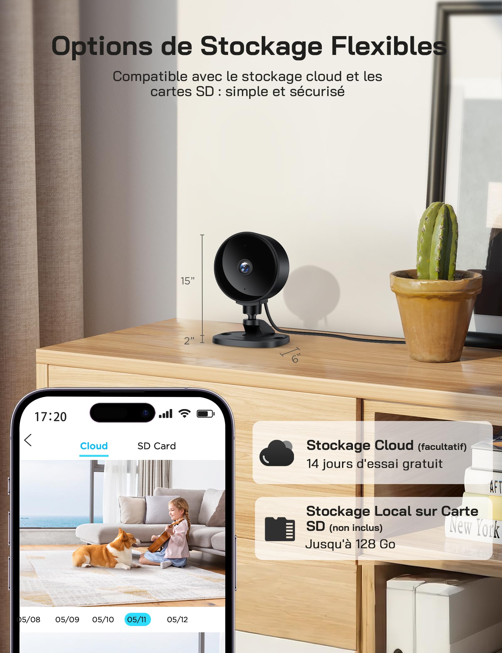 WOLFANG Caméra Intérieure sans Fil 1080P, Caméra WiFi avec Vision Nocturne, Détection de Mouvement, Audio Bidirectionnel, Compatible Alexa & Google Home, WiFi 2,4 GHz Uniquement