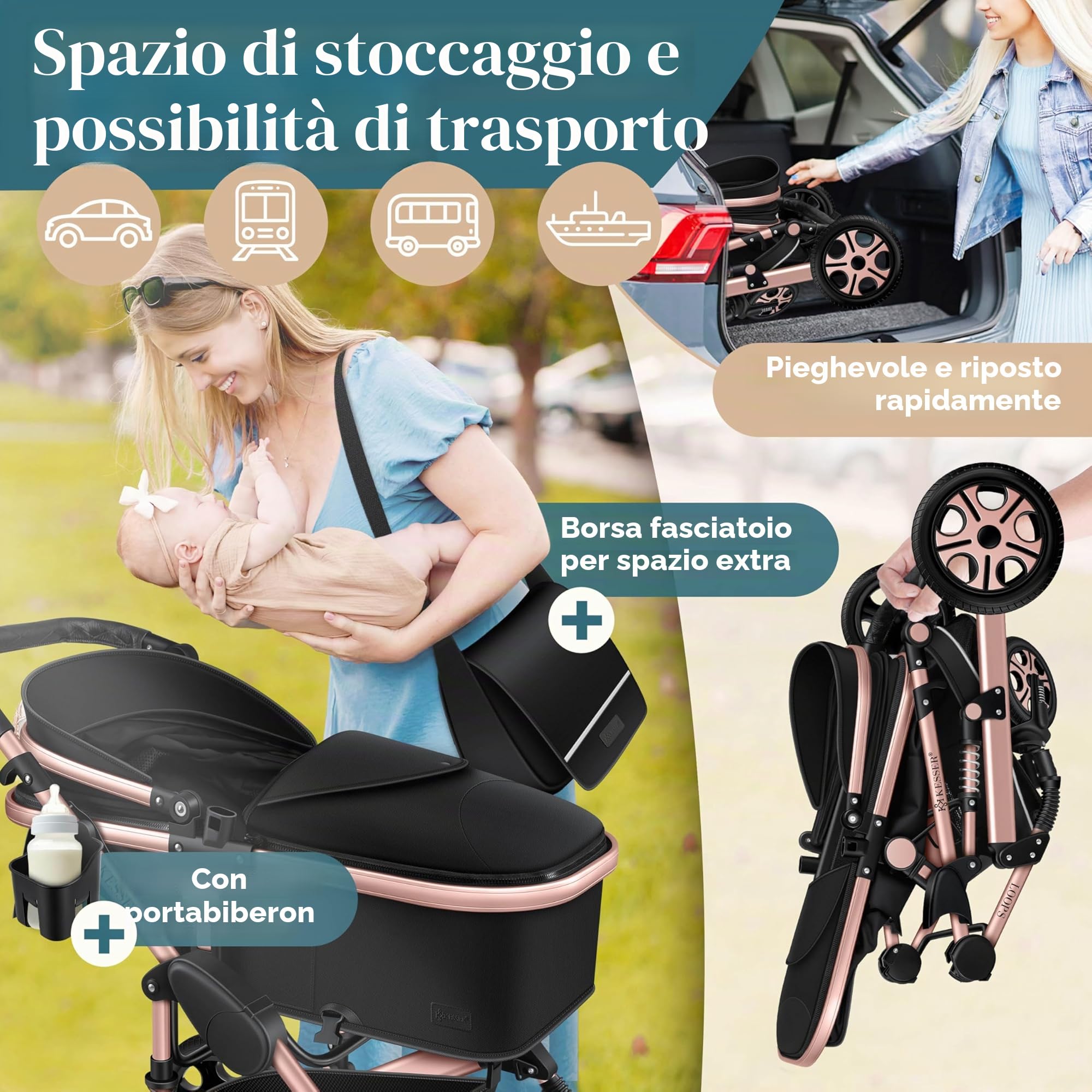 KESSER Carrozzina 3in1 Loops, Combinata con navicella, Seggiolino auto, Nero/Oro Rosato