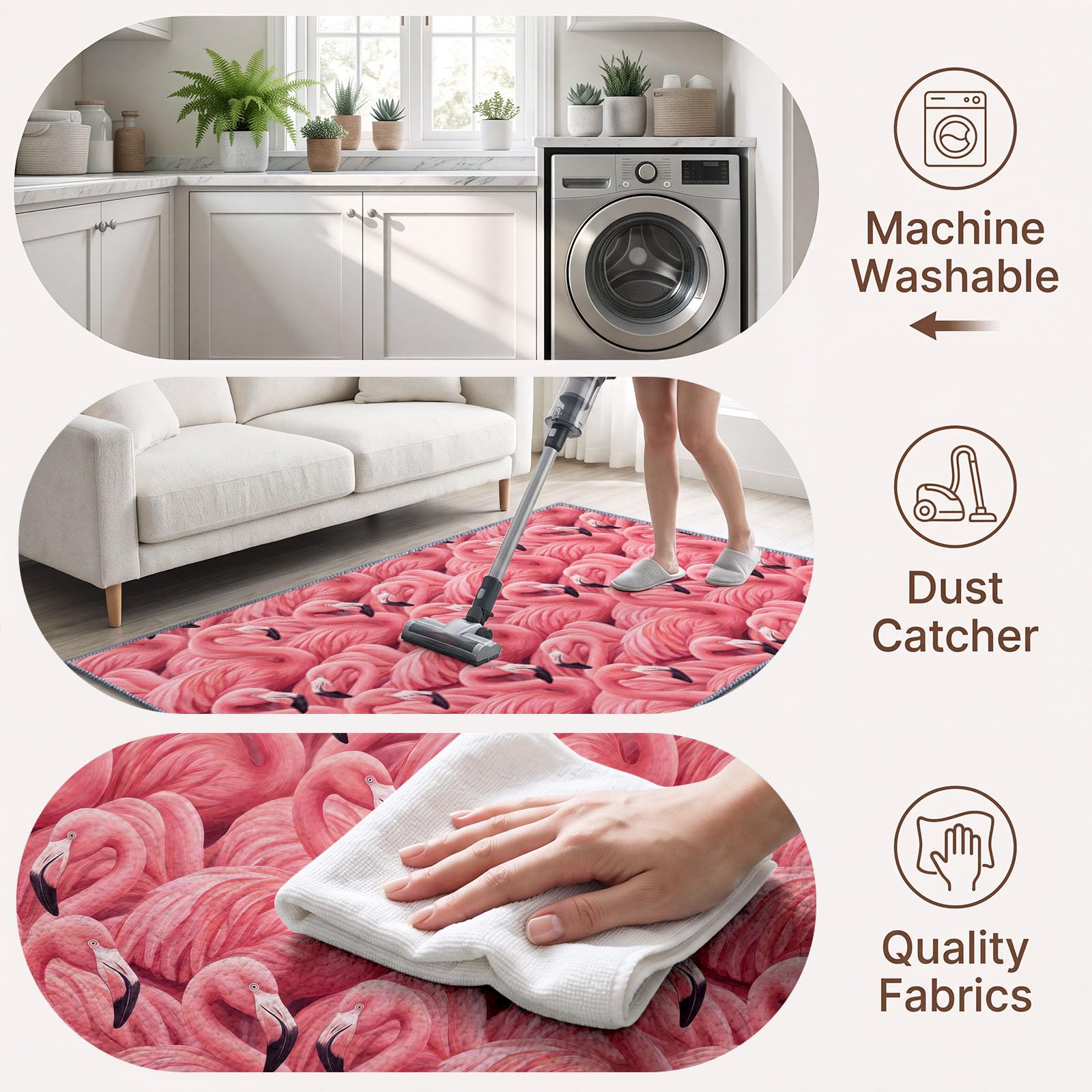 Tapis Lavable en Machine 120 x 180 cm Campagne Animaux Flamants Roses Tapis Antidérapant en Flanelle Idéal pour Enfants et Animaux – Moquette de Chambre Doux, Poils Courts, Entretien Facile, Rose