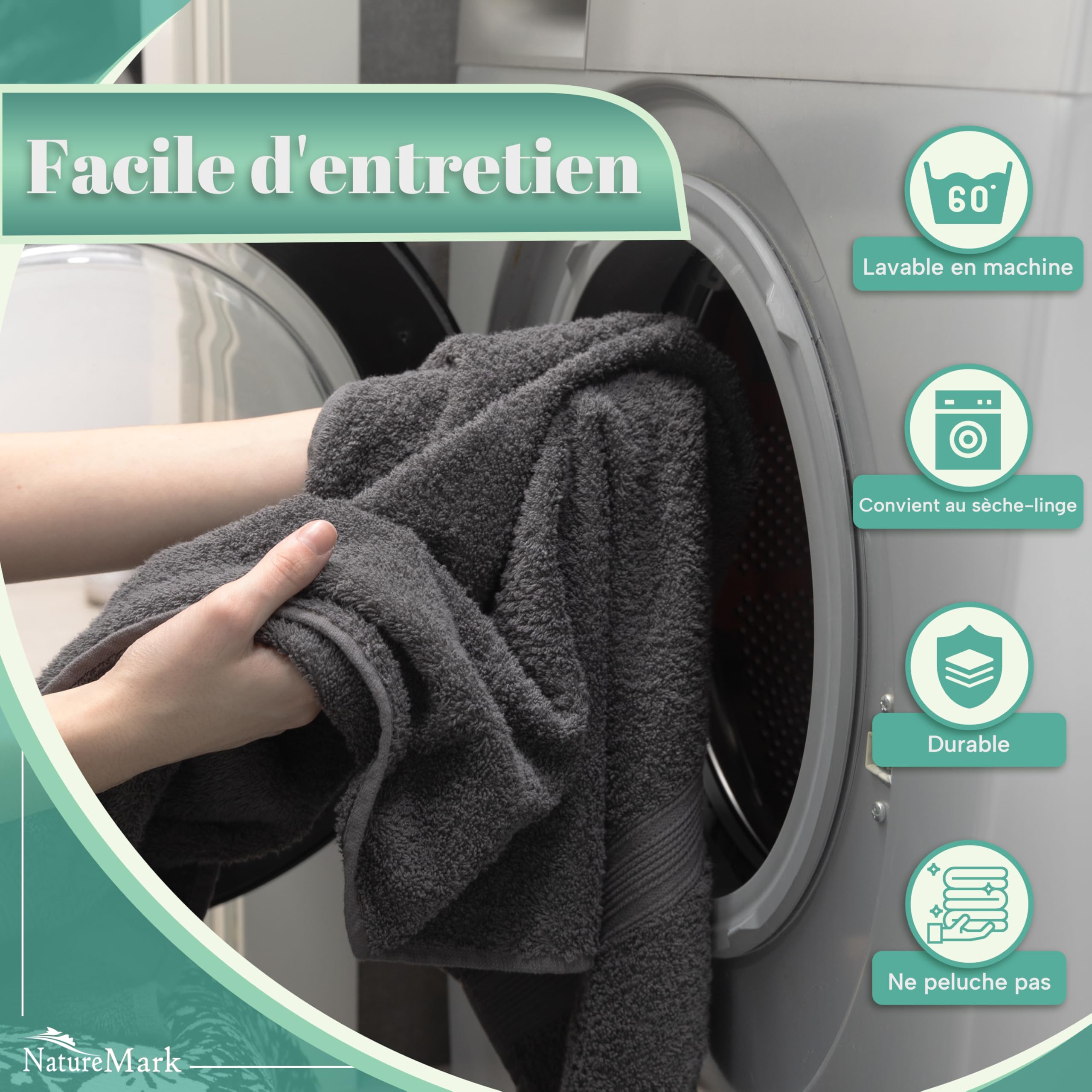 NatureMark Lot de 8 Serviettes à Main - 100% Coton - Serviettes Absorbantes et Durables, Taille 50×100 cm, Gris Antracita