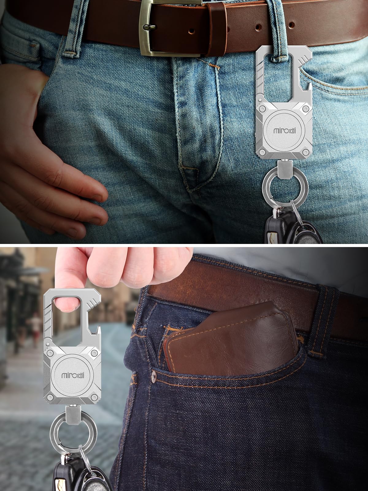 Miroddi Portachiavi per auto con tracker, funziona con Apple Find My (solo iOS), moschettone con apribottiglie, trova chiavi