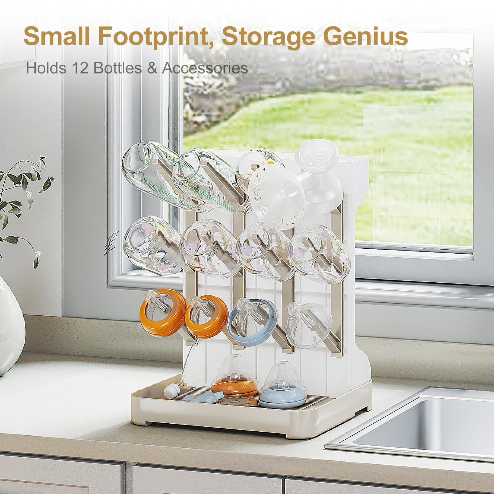 GoMaihe Scolapiatti verticale per biberon – Supporto per asciugacapelli – Supporto salvaspazio per biberon e accessori per neonati beige