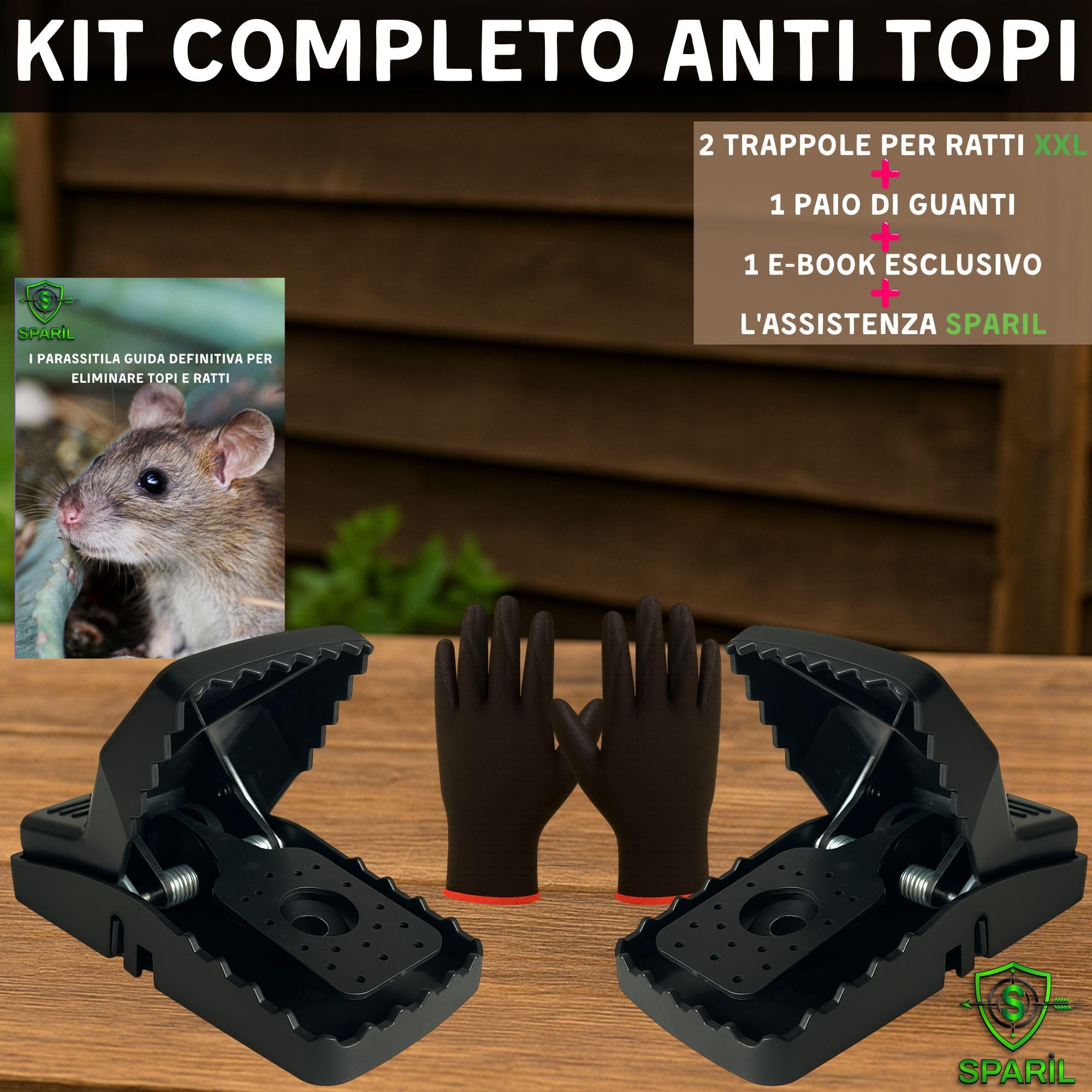 Trappola per Topi Grandi XXL 21cm SPARIL. Kit 2 Trappole a Scatto per Ratti Riutilizzabili Senza Veleno. Guanti e Ebook in Omaggio. Per Cantina, Garage ed Esterno