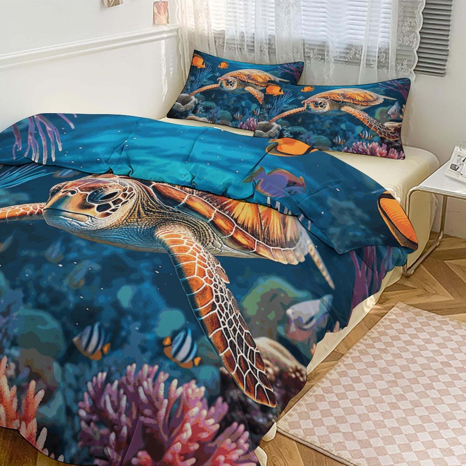 Parure de lit 3 pièces motif poissons tropicaux et étoiles de mer 200x228 cm