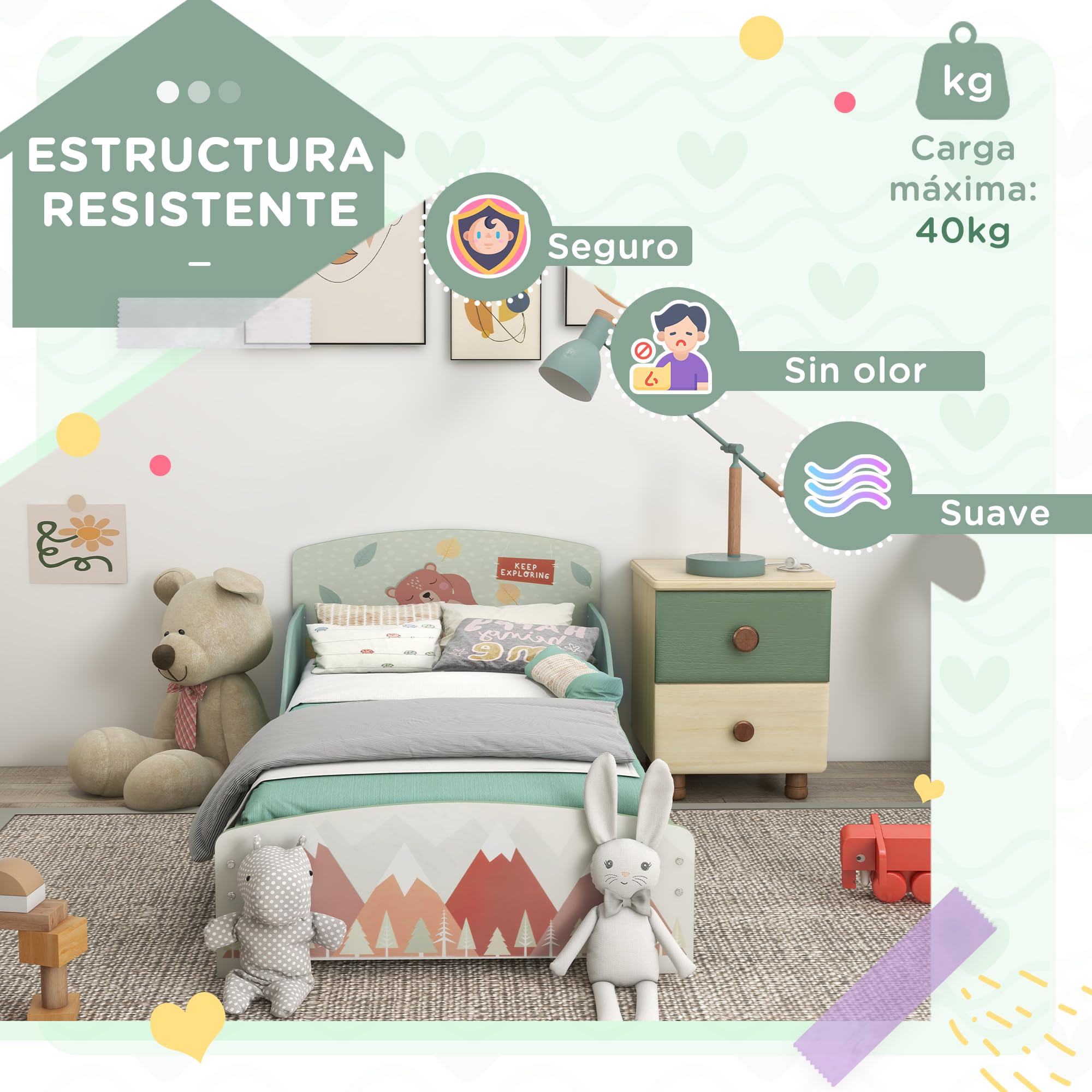 ZONEKIZ Cama Infantil de Madera 143x77x60 cm Cama para Niños de 3-6 Años con Barreras de Protección y Estampados Carga Máx. 40 kg Mueble de Dormitorio Moderno Verde
