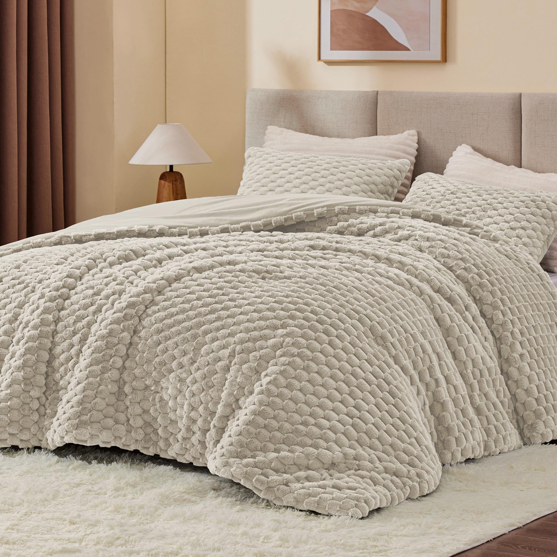 BEDELITE Fluffy Queen Comforter Set - Linen Fleece Soft Comforter for Queen Size Bed, Luxury Warm Bedding Set for Winter, Fuzzy Bed Set 3 Pieces (1 Comforter, 2 Pillowcases)